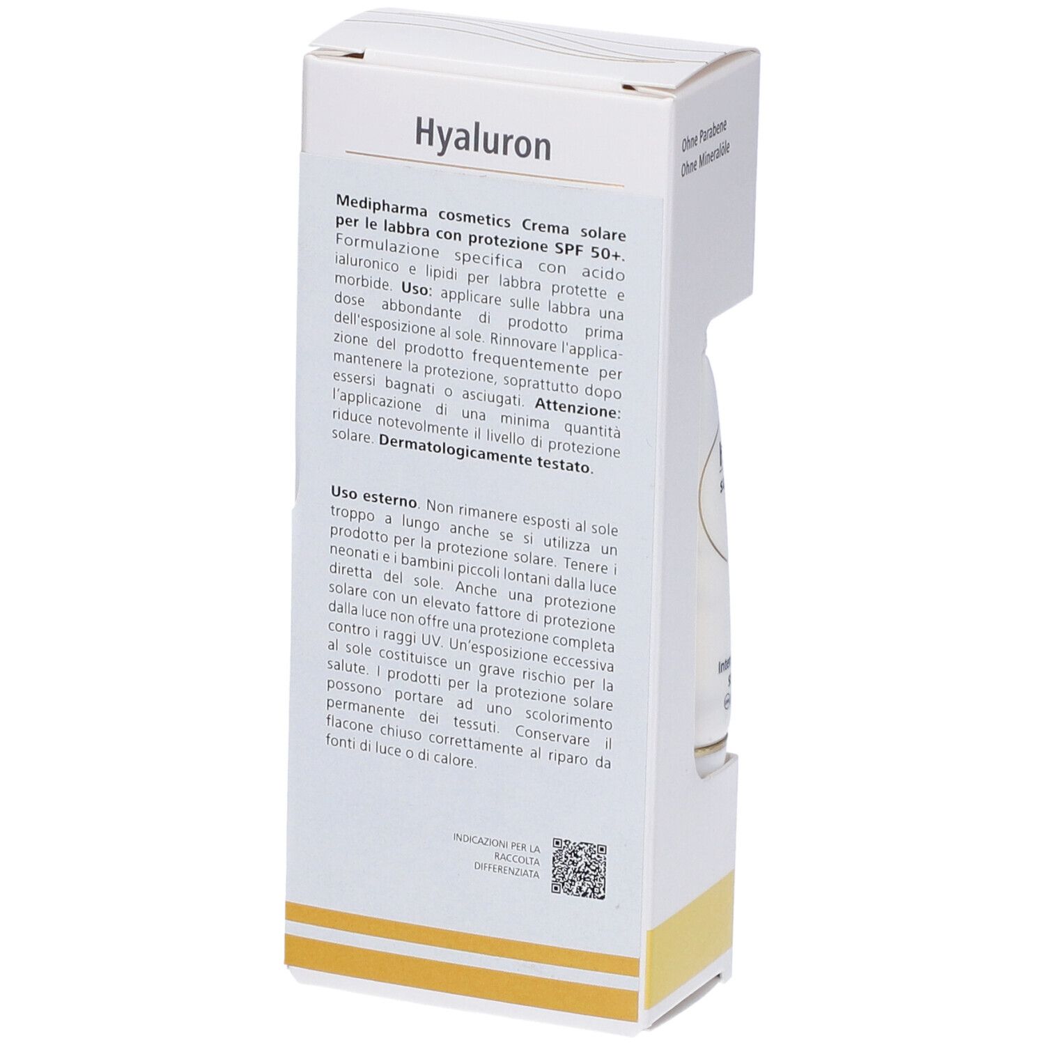 Retro della confezione con informazioni sul prodotto in italiano. Dermatologicamente testato.