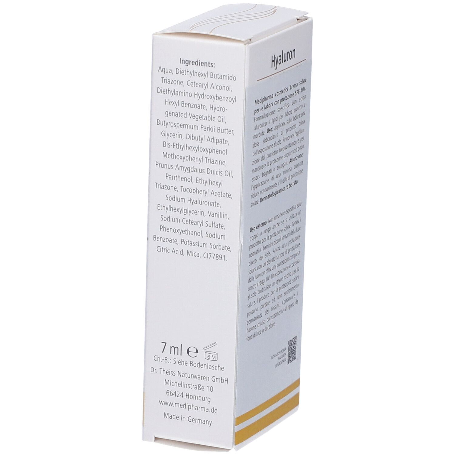 Retro della confezione con ingredienti e informazioni del produttore. 7 ml.