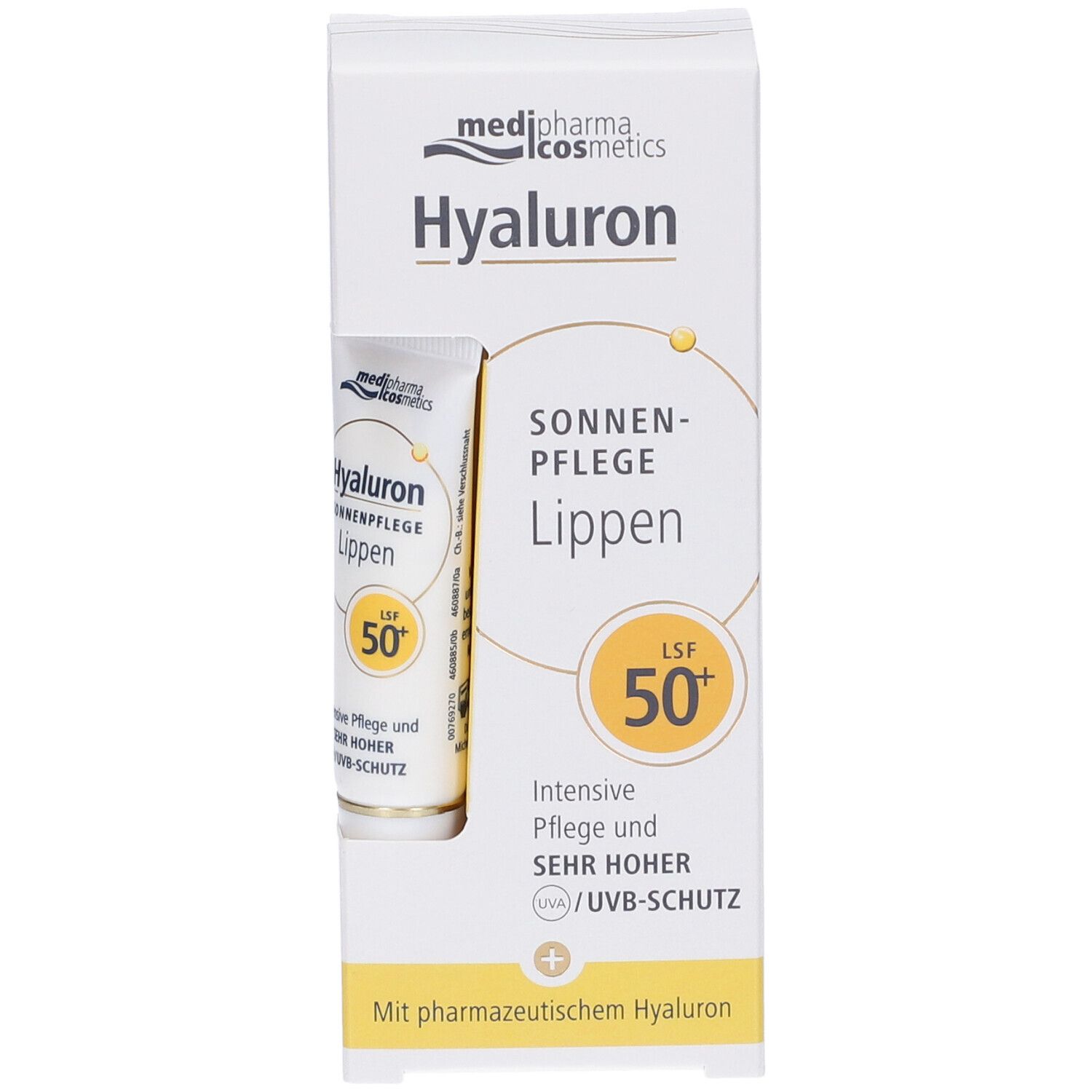 Protezione labbra in confezione bianca. Nome del prodotto e SPF 50+ visibili. Con acido ialuronico farmaceutico.