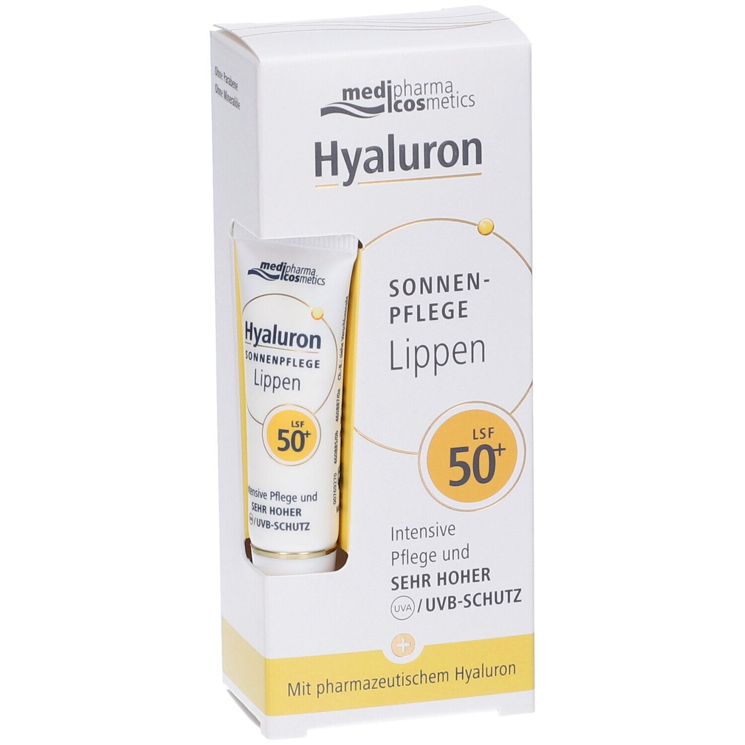 Protezione labbra in confezione bianca. Nome del prodotto e SPF 50+ visibili. Con acido ialuronico farmaceutico.