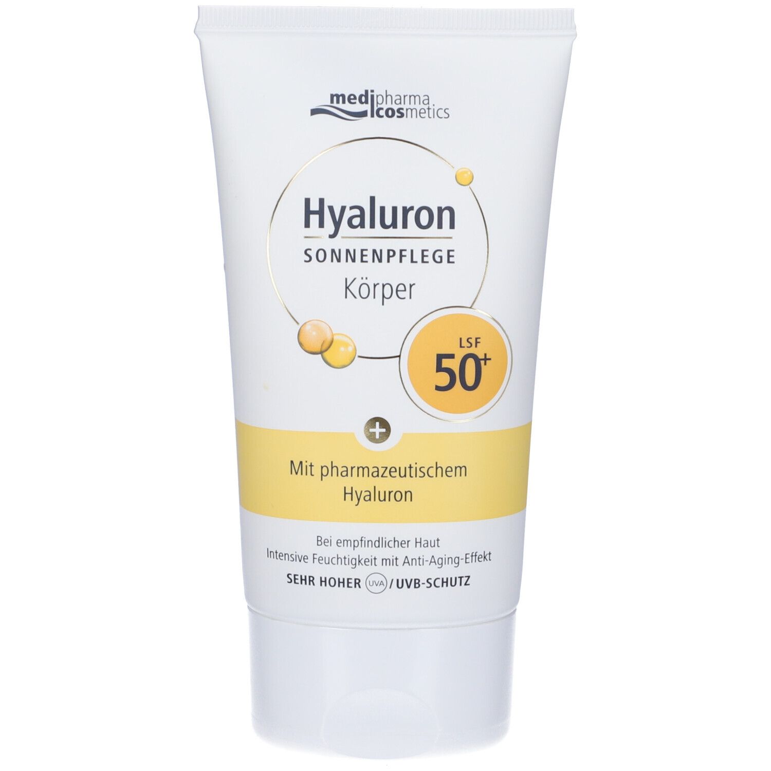 Tubo bianco con striscia gialla. Scritta: Hyaluron Sonnenpflege Körper SPF 50+. Marchio: medi-pharma cosmetics.