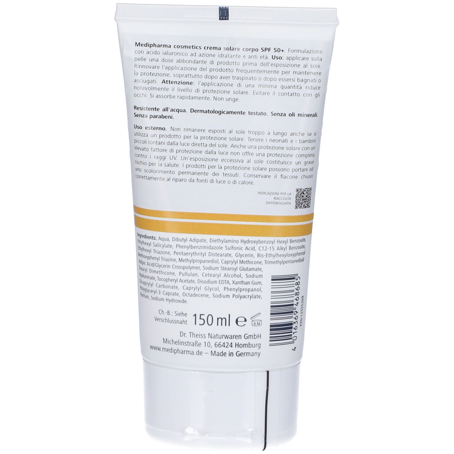 Retro del tubo. Testo e ingredienti. In basso: 150 ml. Produttore: Dr. Theiss Naturwaren GmbH.