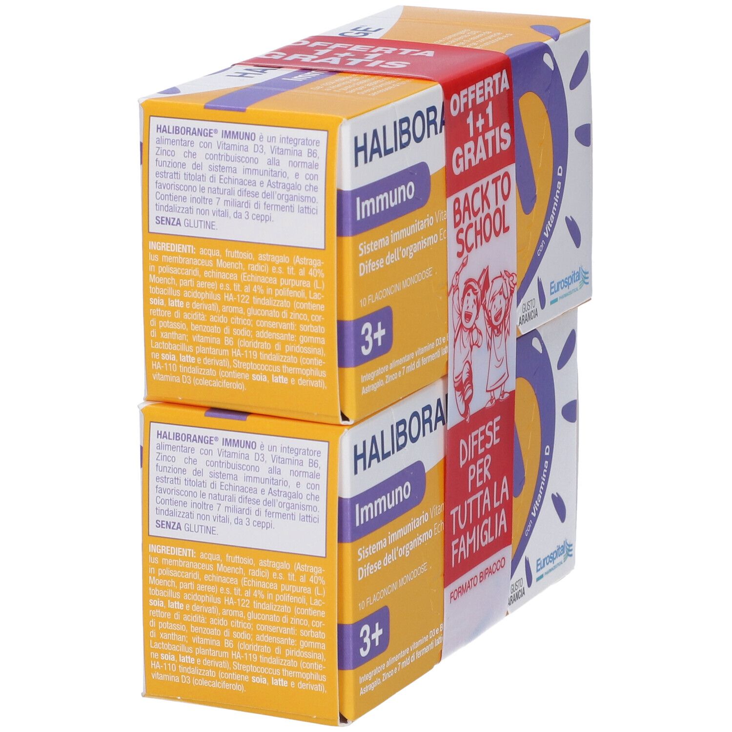 Due confezioni Haliborange Immuno, offerta 1+1 gratis. Scritta: Back to School, Vitamina D, 10 flaconcini, dai 3 anni. Gusto arancia.