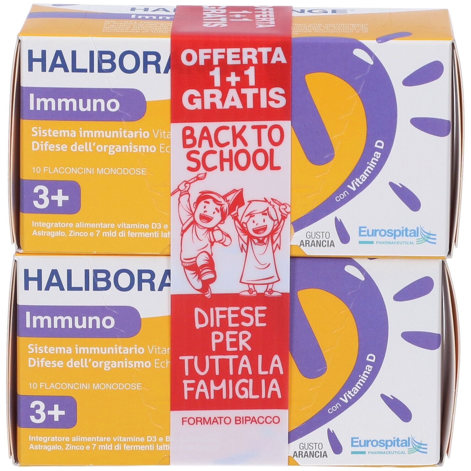 Due confezioni Haliborange Immuno, offerta 1+1 gratis. Scritta: Back to School, Vitamina D, 10 flaconcini, dai 3 anni. Gusto arancia.