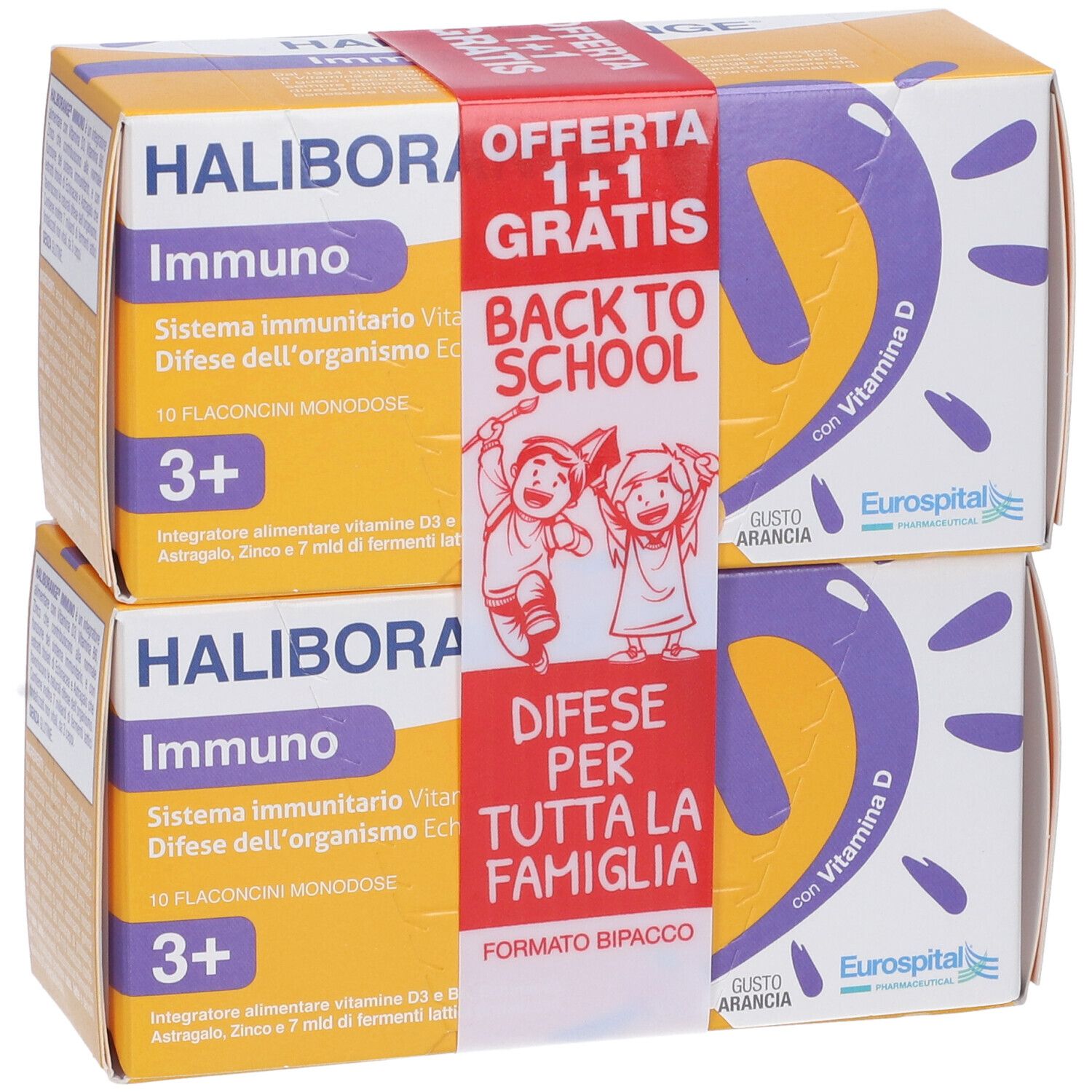 Due confezioni Haliborange Immuno, offerta 1+1 gratis. Scritta: Back to School, Vitamina D, 10 flaconcini, dai 3 anni. Gusto arancia.