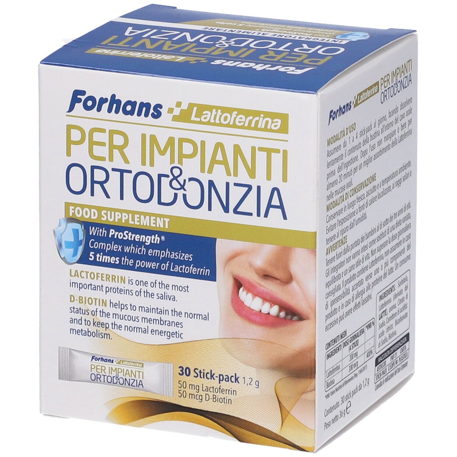 Produktverpackung mit Produktnamen und Logo. Enthält 30 Stick-Packungen. Text: 'PER IMPIANTI ORTODONZIA'.