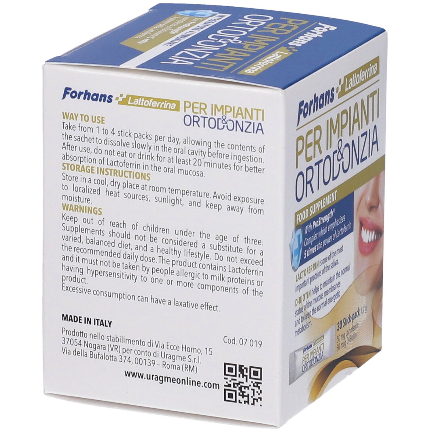 Rückseite der Produktverpackung. Enthält Informationen zur Anwendung, Lagerung und Hersteller. Text in italienischer Sprache.
