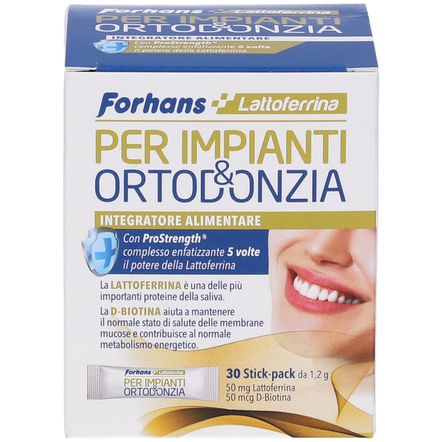 Produktverpackung mit Produktnamen und Logo. Enthält 30 Stick-Packungen. Text: 'PER IMPIANTI ORTODONZIA'. Abbildung eines lächelnden Mundes.