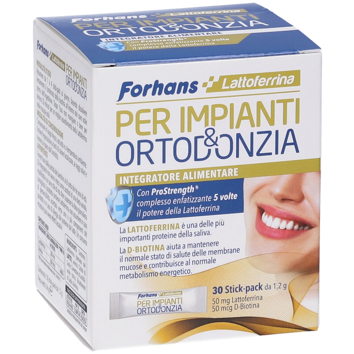 Produktverpackung mit Produktnamen und Logo. Enthält 30 Stick-Packungen. Text: 'PER IMPIANTI ORTODONZIA'.