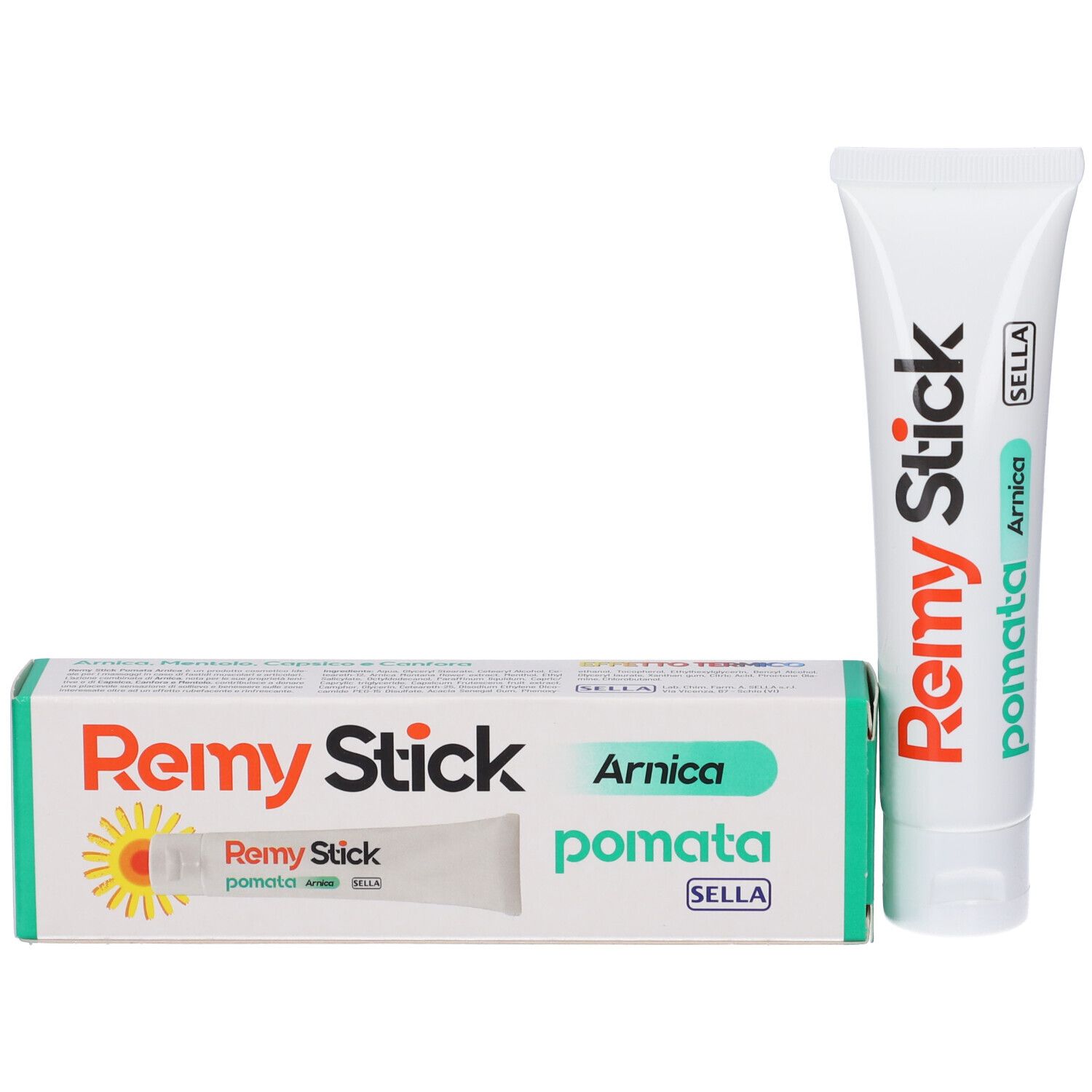 Produkt und Verpackung. Weiße Tube und Schachtel. Aufschrift: Remy Stick, Arnica Pomata. Marke Sella.