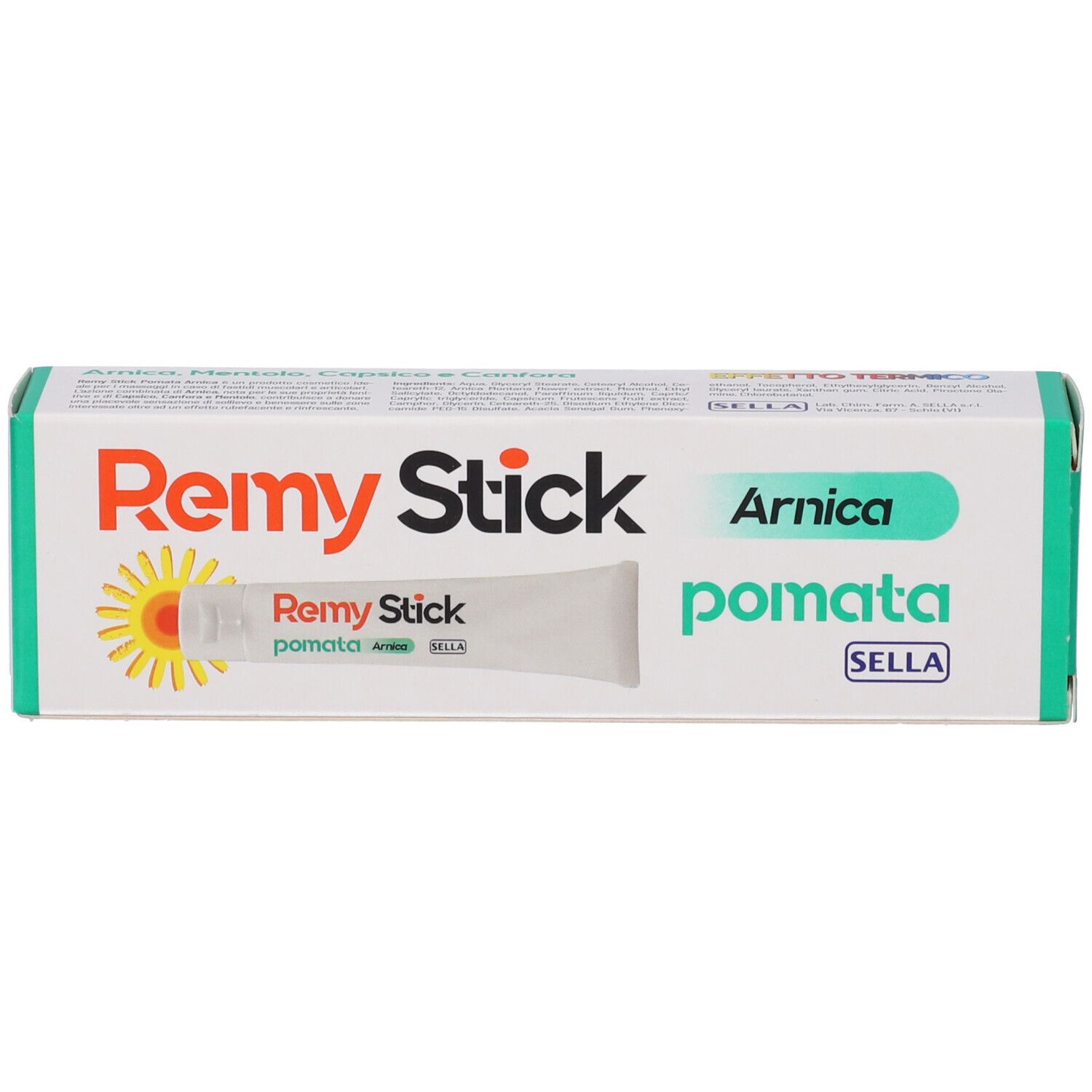 Schachtel mit Produktnamen. Aufschrift: Remy Stick, Arnica Pomata. Marke Sella. Sonnen-Symbol.
