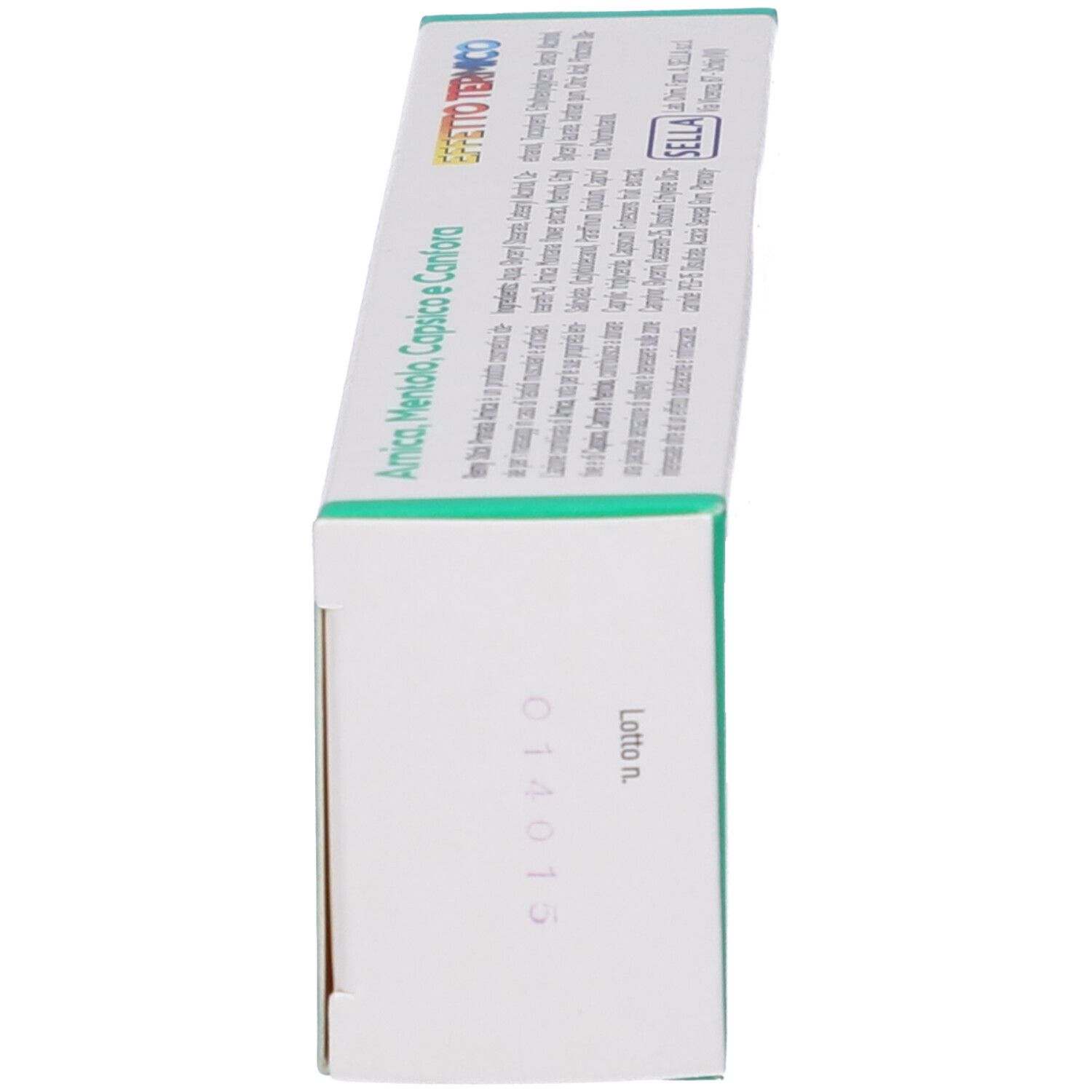 Seitenansicht der Schachtel. Text und Chargennummer. Aufschrift: Remy Stick, Arnica Pomata.