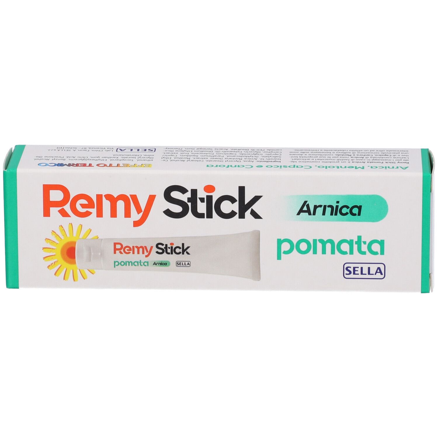 Schachtel mit Produktnamen. Aufschrift: Remy Stick, Arnica Pomata. Marke Sella. Sonnen-Symbol.