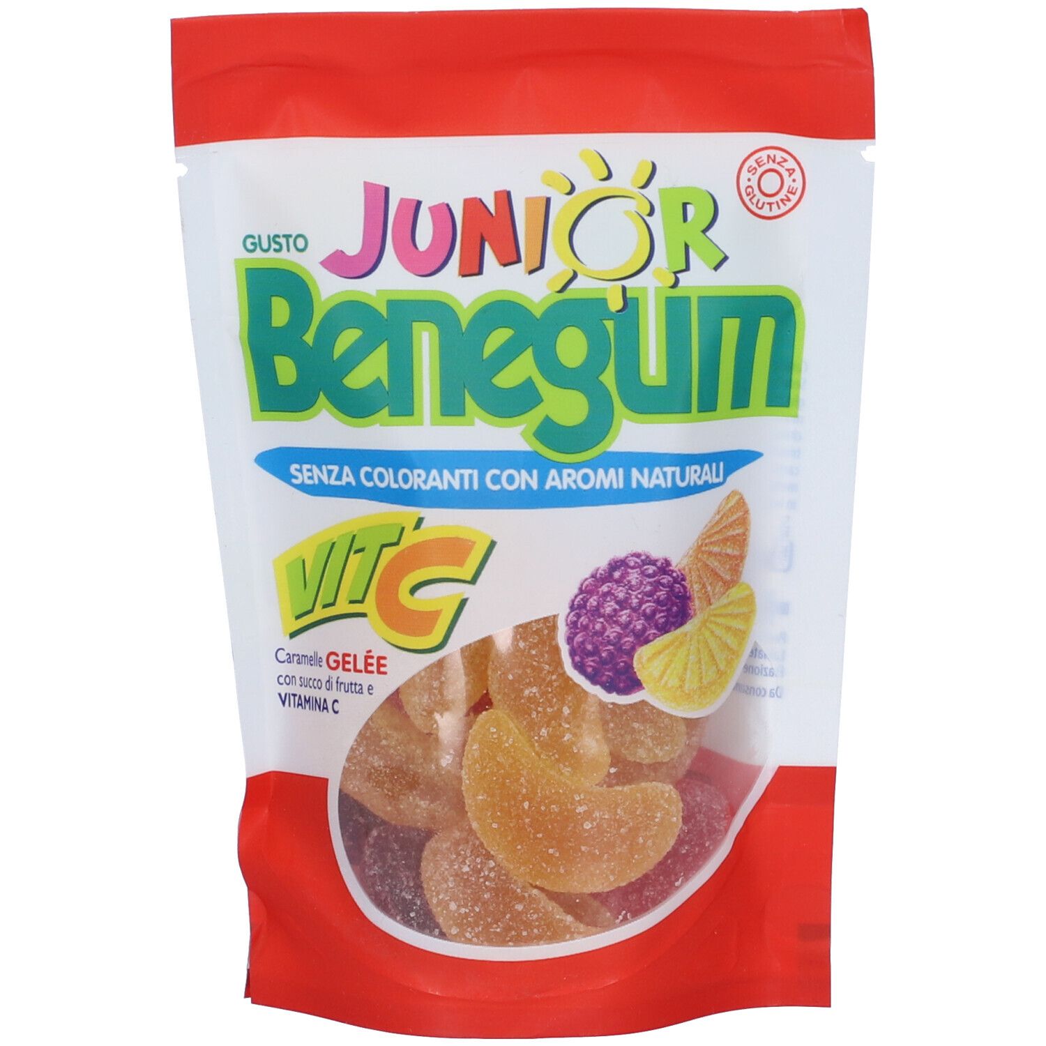 Busta di Junior Benegum Viit C Caramelle Gelée. Stampa con nome del prodotto, frutta e vitamina C. Vista trasparente delle gelées.