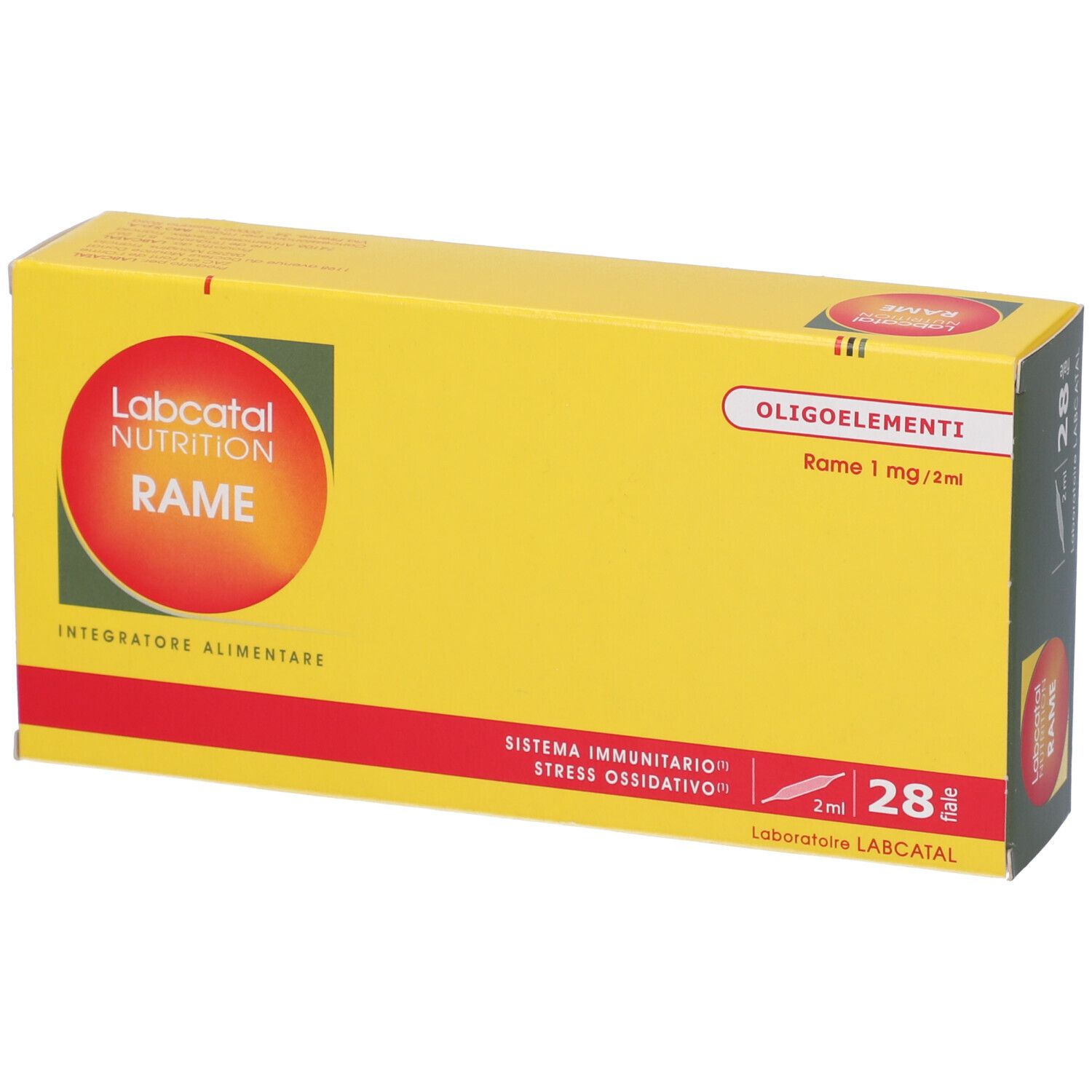 Scatola gialla con fascia rossa e testo. Scritto: Labcatal Nutrition Rame. Contiene 28 fiale.