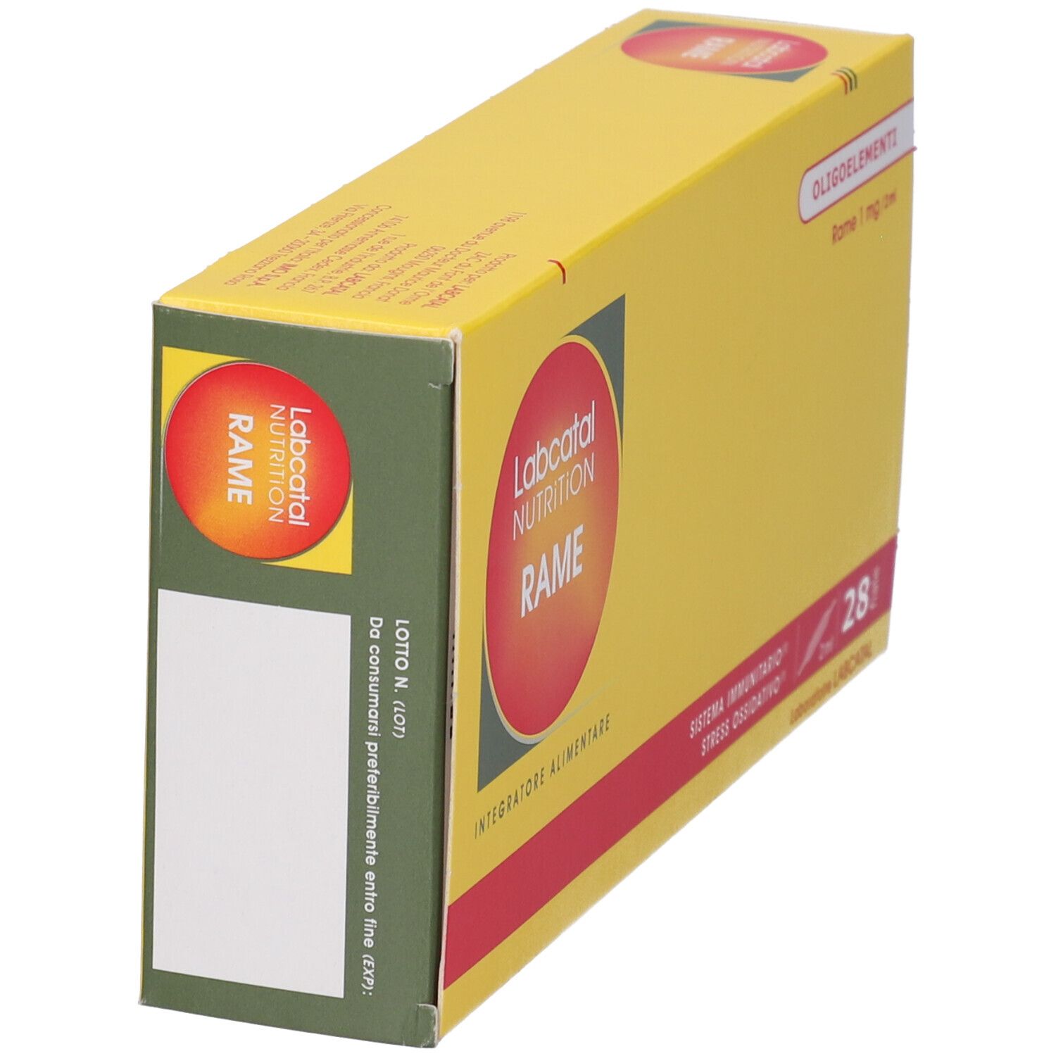 Scatola gialla, vista laterale. Scritto: Labcatal Nutrition Rame. Contiene 28 fiale. Con etichetta bianca.