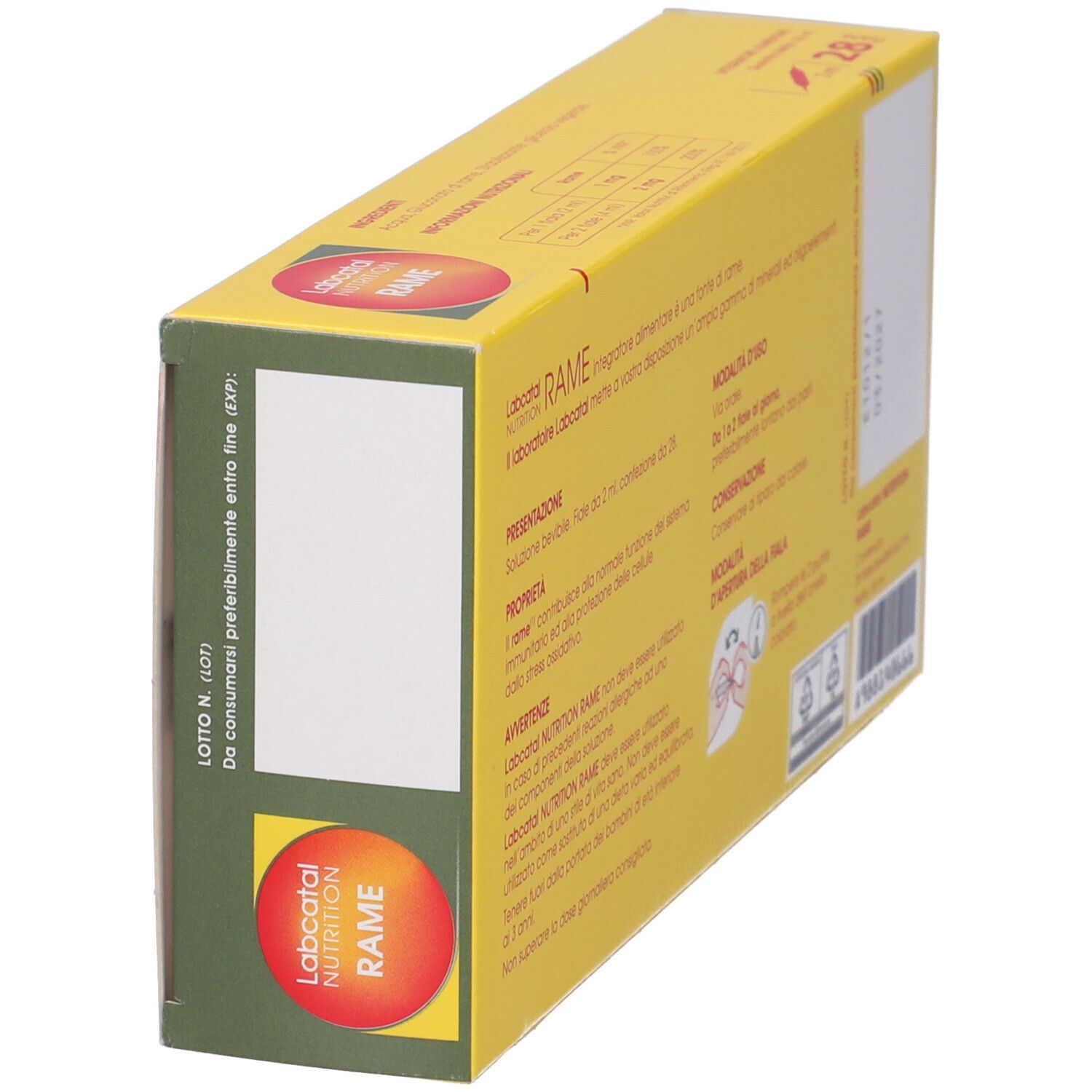Scatola, vista laterale. Scritto: Labcatal Nutrition Rame. Contiene 28 fiale. Con etichetta bianca.