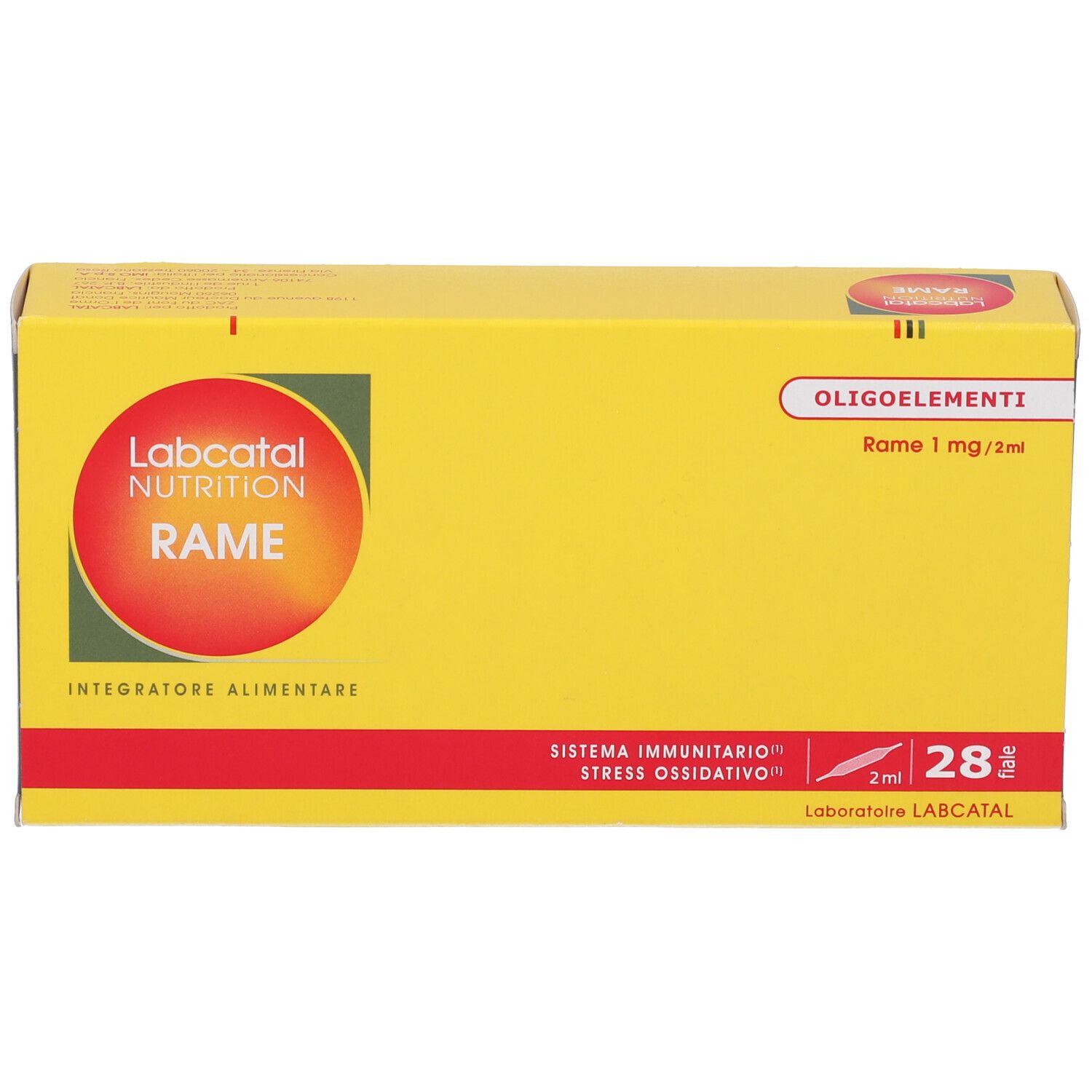 Scatola gialla con fascia rossa e testo. Scritto: Labcatal Nutrition Rame. Contiene 28 fiale.