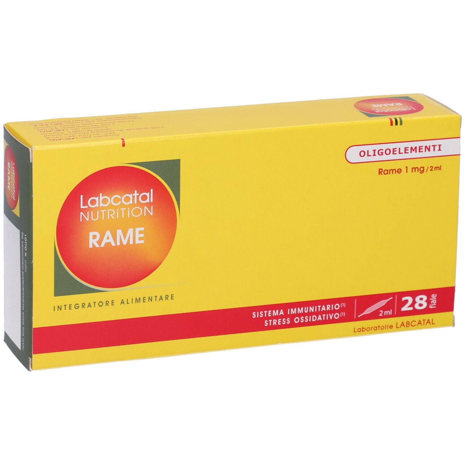 Scatola gialla con fascia rossa e testo. Scritto: Labcatal Nutrition Rame. Contiene 28 fiale.