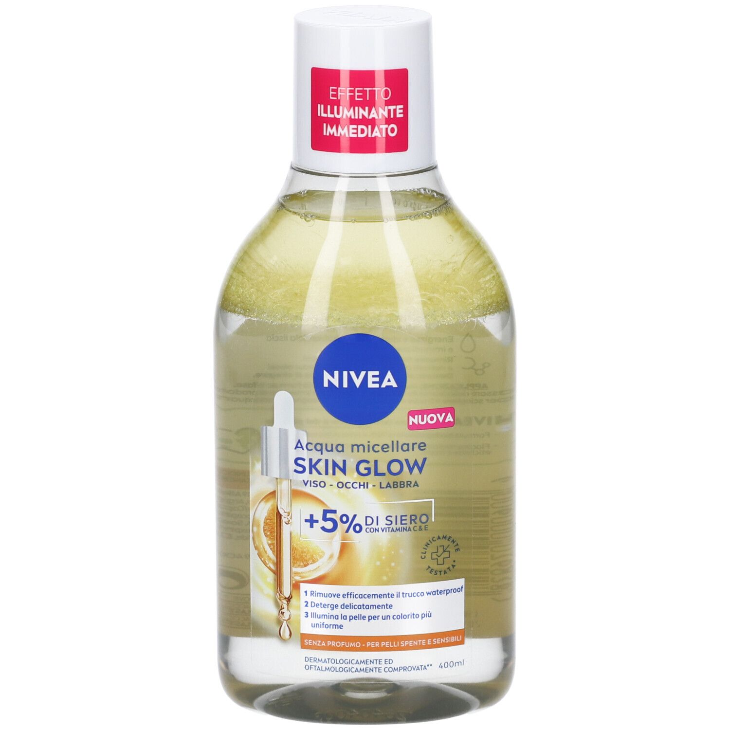 Flacone trasparente con liquido giallognolo. Etichetta con nome prodotto e logo. Etichetta rosa con testo.