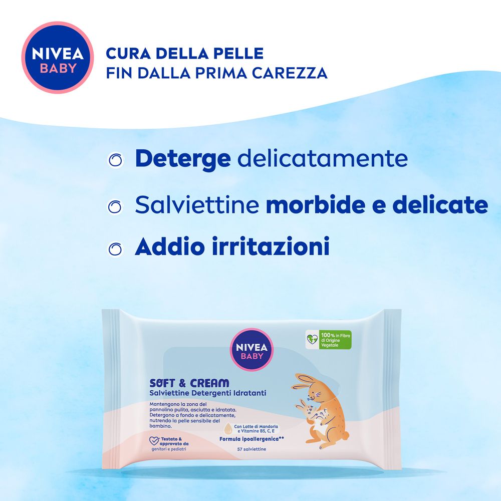 Confezione di salviettine. Testo: Deterge delicatamente, Salviettine morbide e delicate, Addio irritazioni. Logo Nivea Baby.