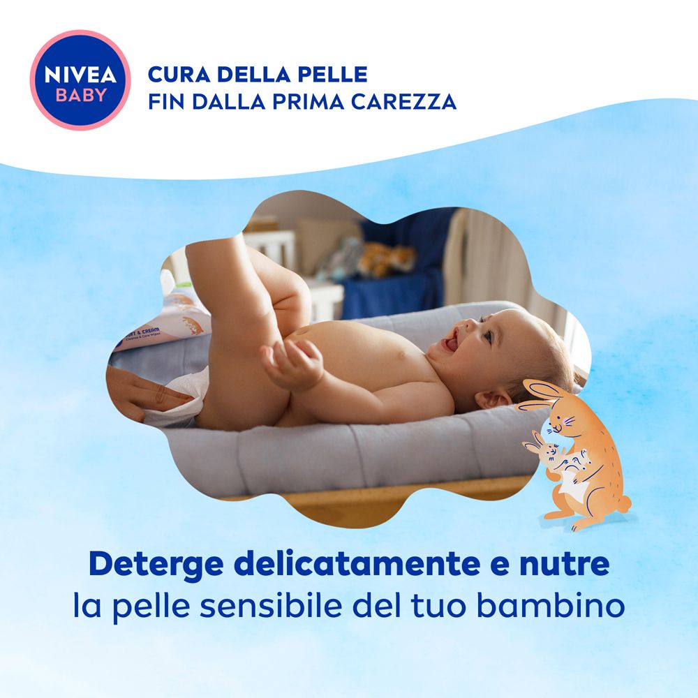 Bambino sdraiato su un fasciatoio. Testo: Deterge delicatamente e nutre la pelle sensibile del tuo bambino. Logo Nivea Baby.