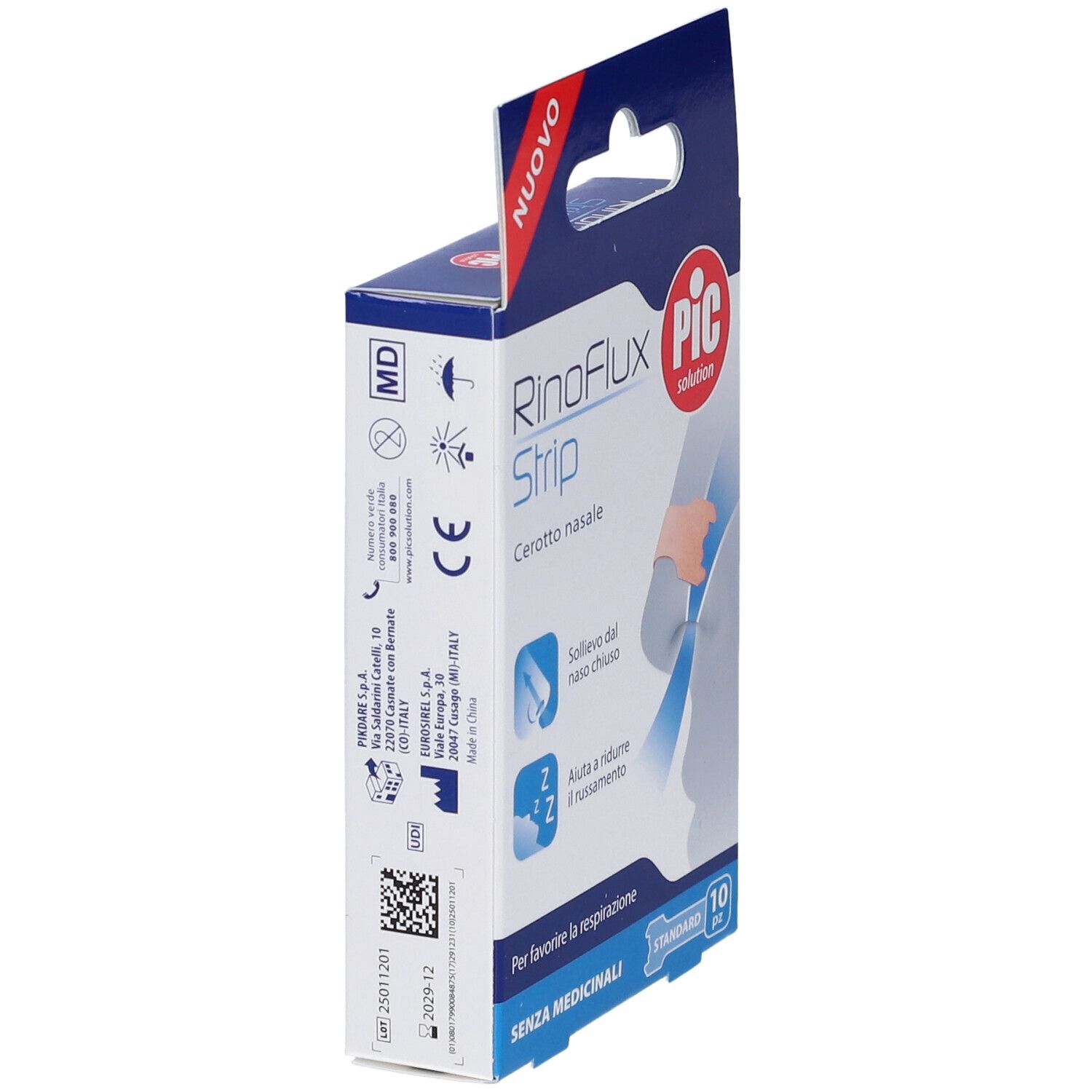 Seitenansicht der PIC RinoFlux Strip Verpackung. Blaue und weiße Schachtel mit Text und Logo. 10 Stück.