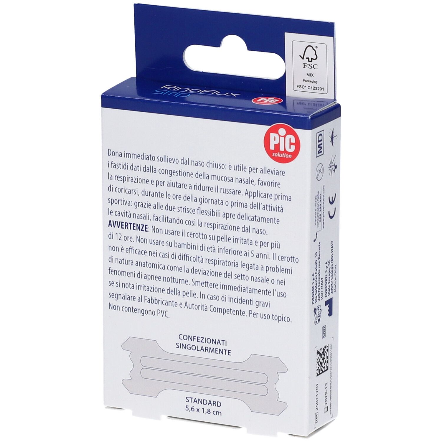 Rückseite der PIC RinoFlux Strip Verpackung. Text in italienischer Sprache. Einzeln verpackte Streifen.