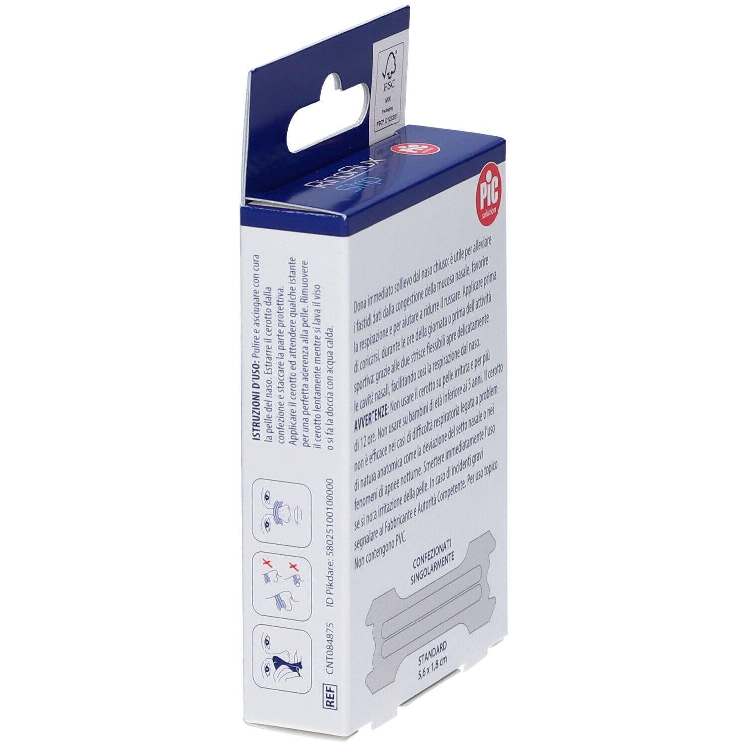 Seitenansicht der PIC RinoFlux Strip Verpackung. Text in italienischer Sprache. Einzeln verpackte Streifen.