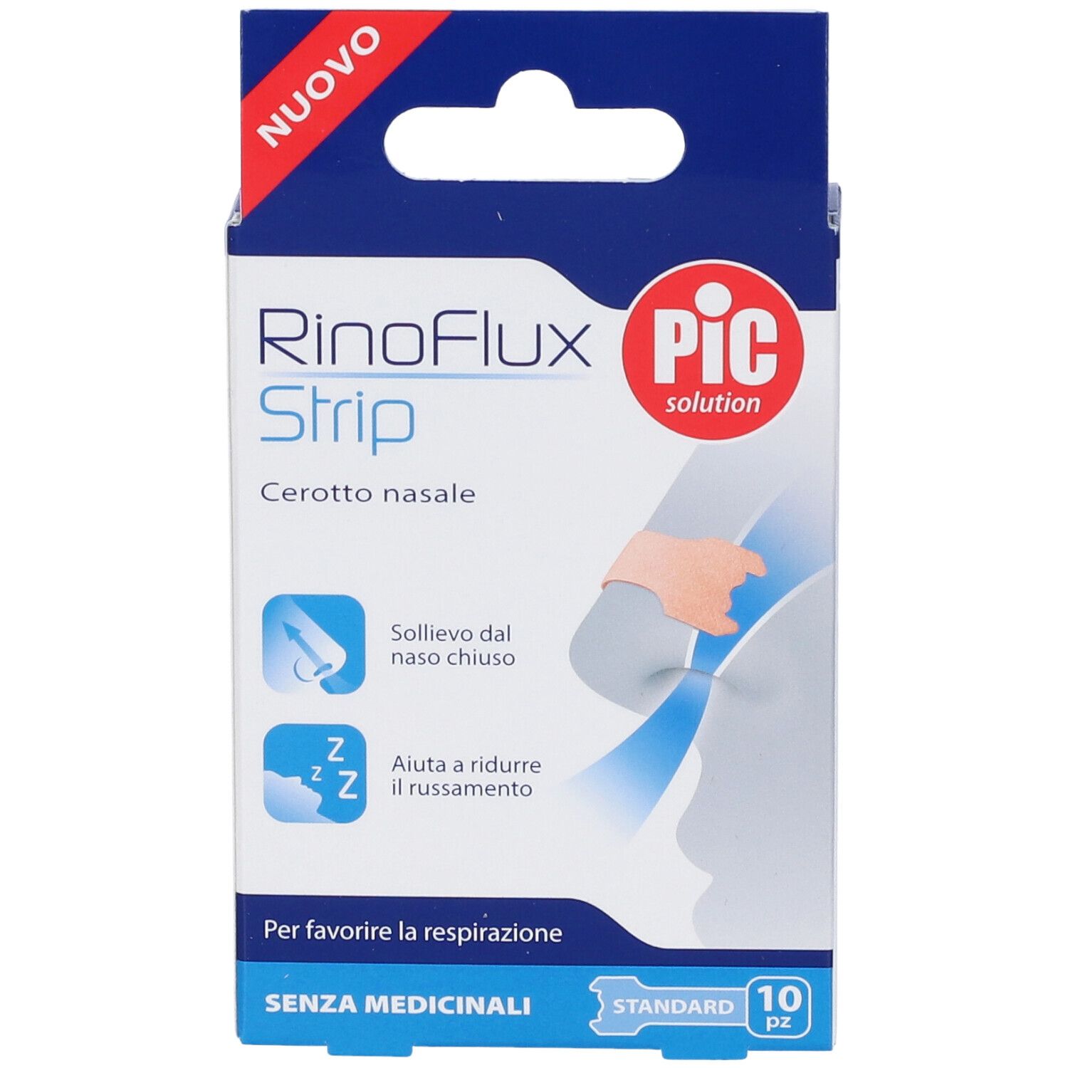 PIC RinoFlux Strip Verpackung. Blaue und weiße Schachtel mit Produktabbildung und Text. 10 Stück.