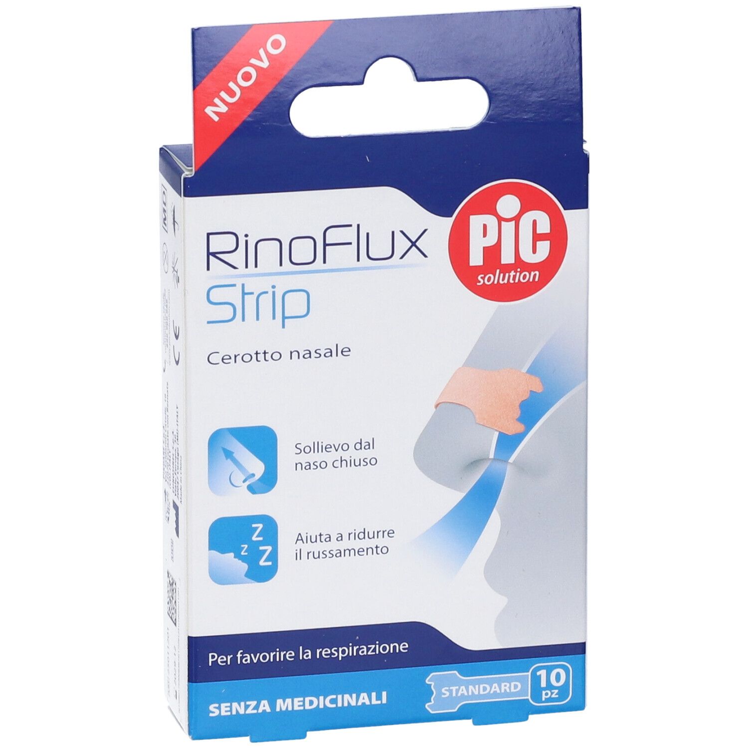 PIC RinoFlux Strip Verpackung. Blaue und weiße Schachtel mit Produktabbildung und Text. 10 Stück.