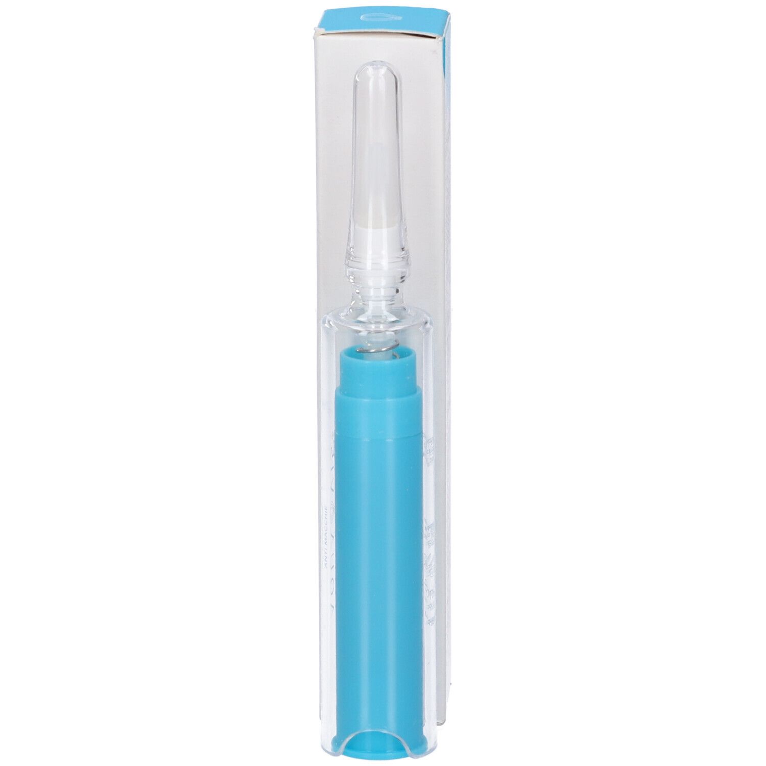 Fiala con contenuto blu. Fiala trasparente con contenuto blu e applicatore. Base blu.