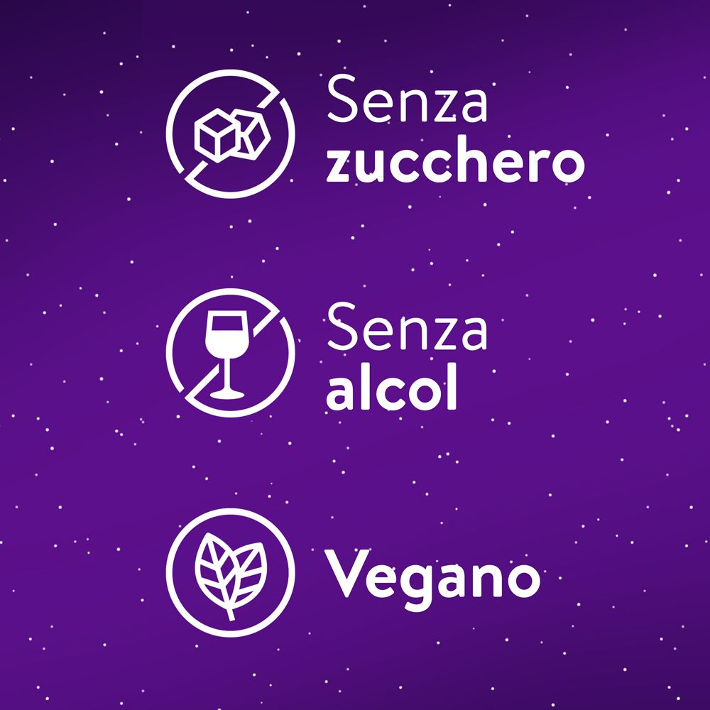 Symbole: Ohne Zucker, ohne Alkohol, vegan. Hintergrund: Lila mit Sternen.