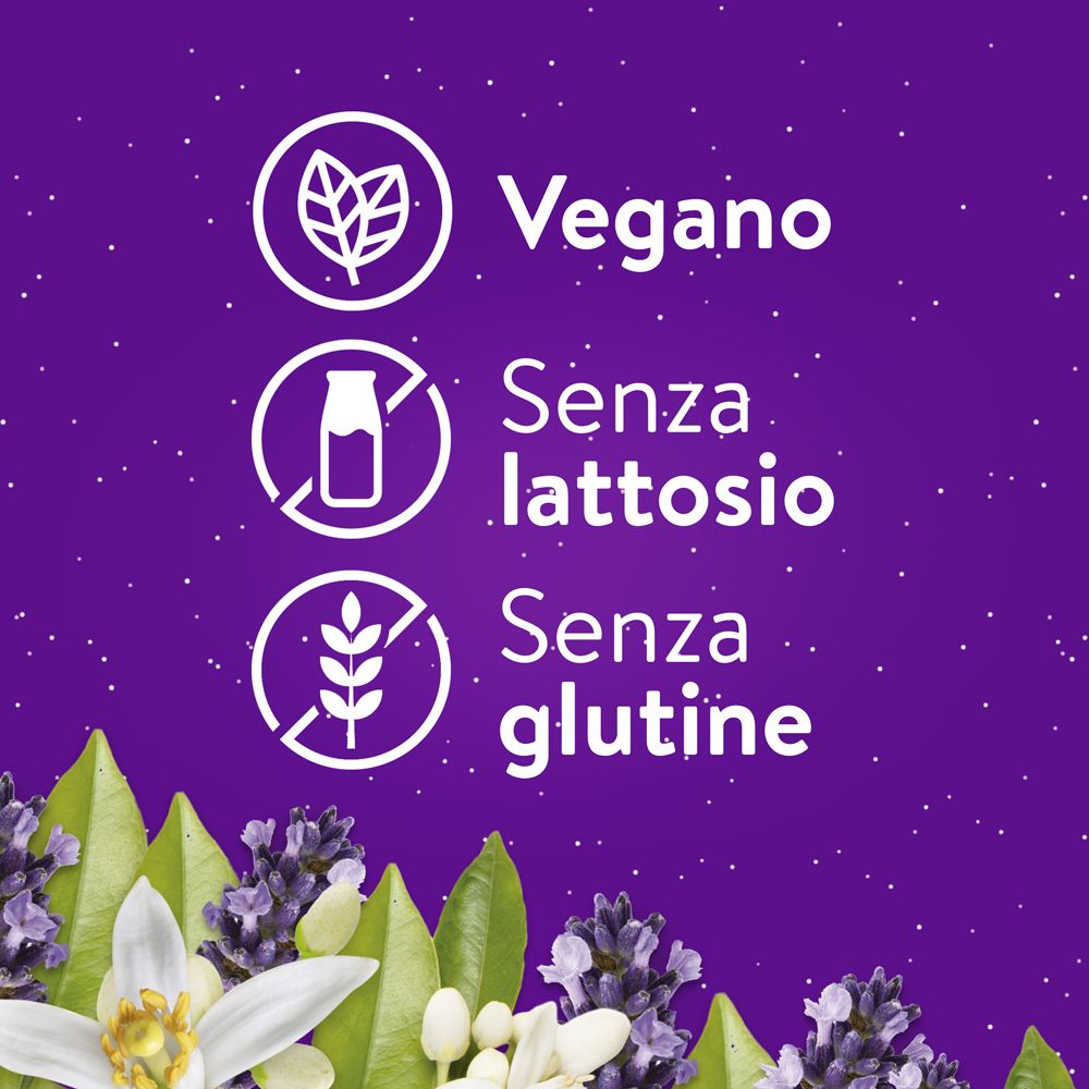 Symbole: Vegan, laktosefrei, glutenfrei. Hintergrund: Lila mit Blüten.