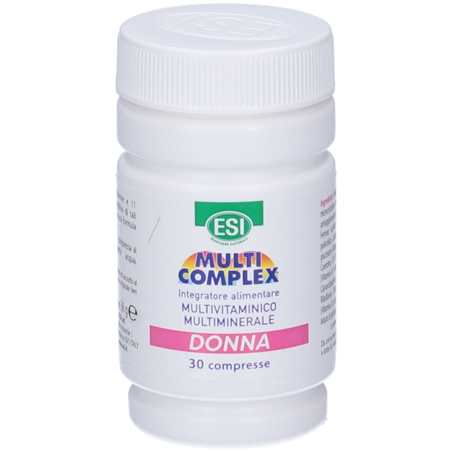 Flacone bianco con tappo a vite. Etichetta con nome prodotto, ingredienti e 30 compresse.