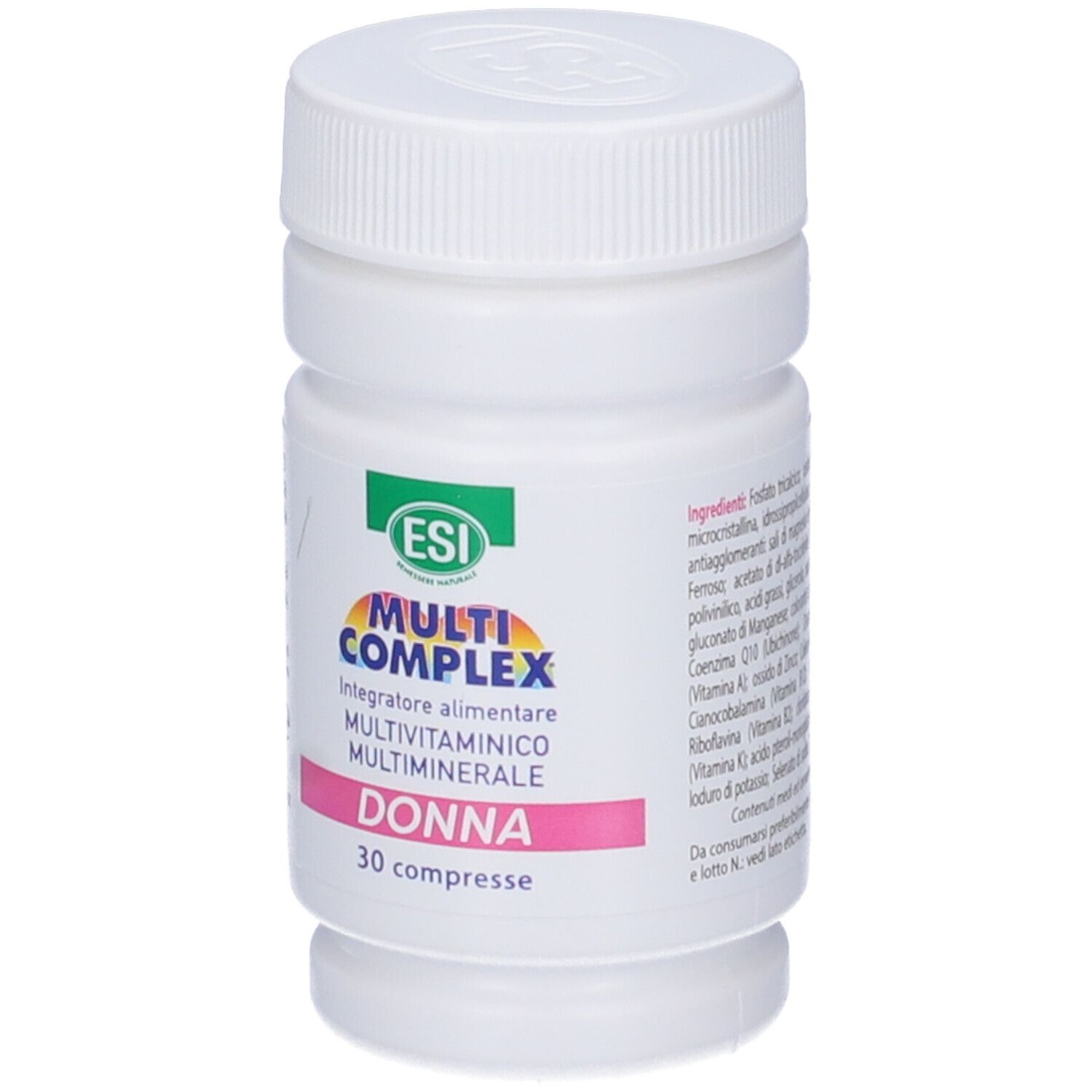 Flacone bianco con tappo a vite. Etichetta con nome prodotto, ingredienti e 30 compresse.