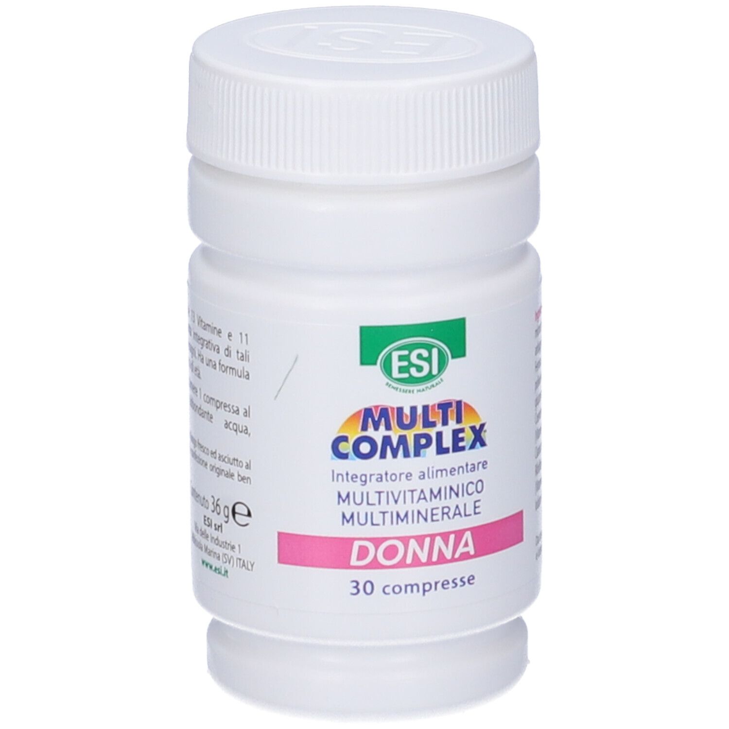 Flacone bianco con tappo a vite. Etichetta con nome prodotto, ingredienti e 30 compresse.