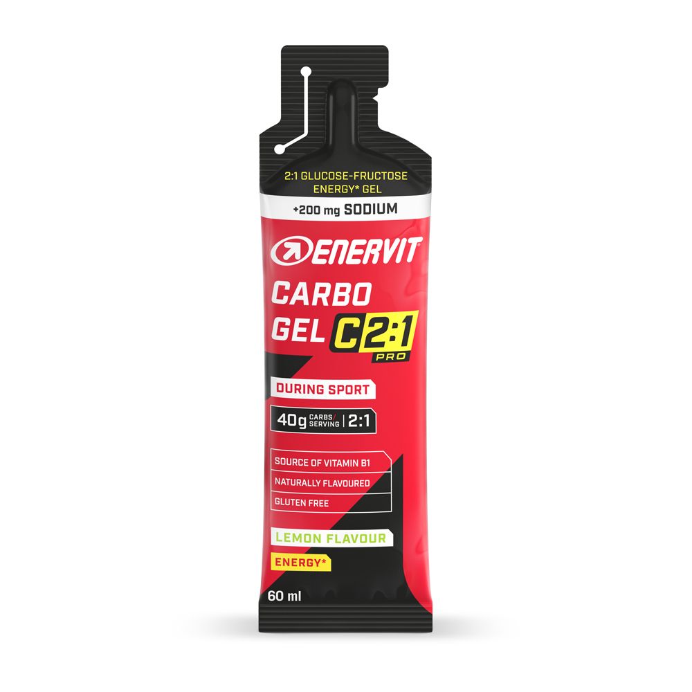 Sachet de gel rouge et noir. Texte: Enervit Carbo Gel C2:1 Pro, citron, 60 ml, 2:1 glucose-fructose.