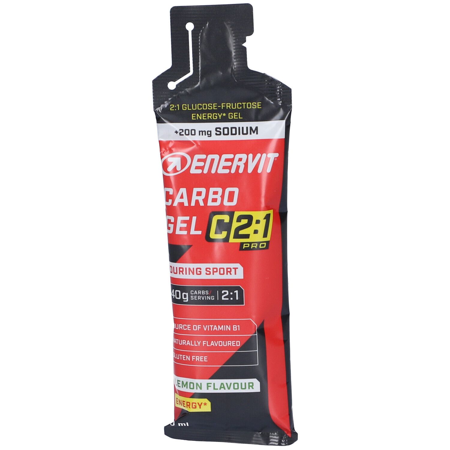 Sachet de gel rouge et noir. Texte: Enervit Carbo Gel C2:1 Pro, citron, 2:1 glucose-fructose.