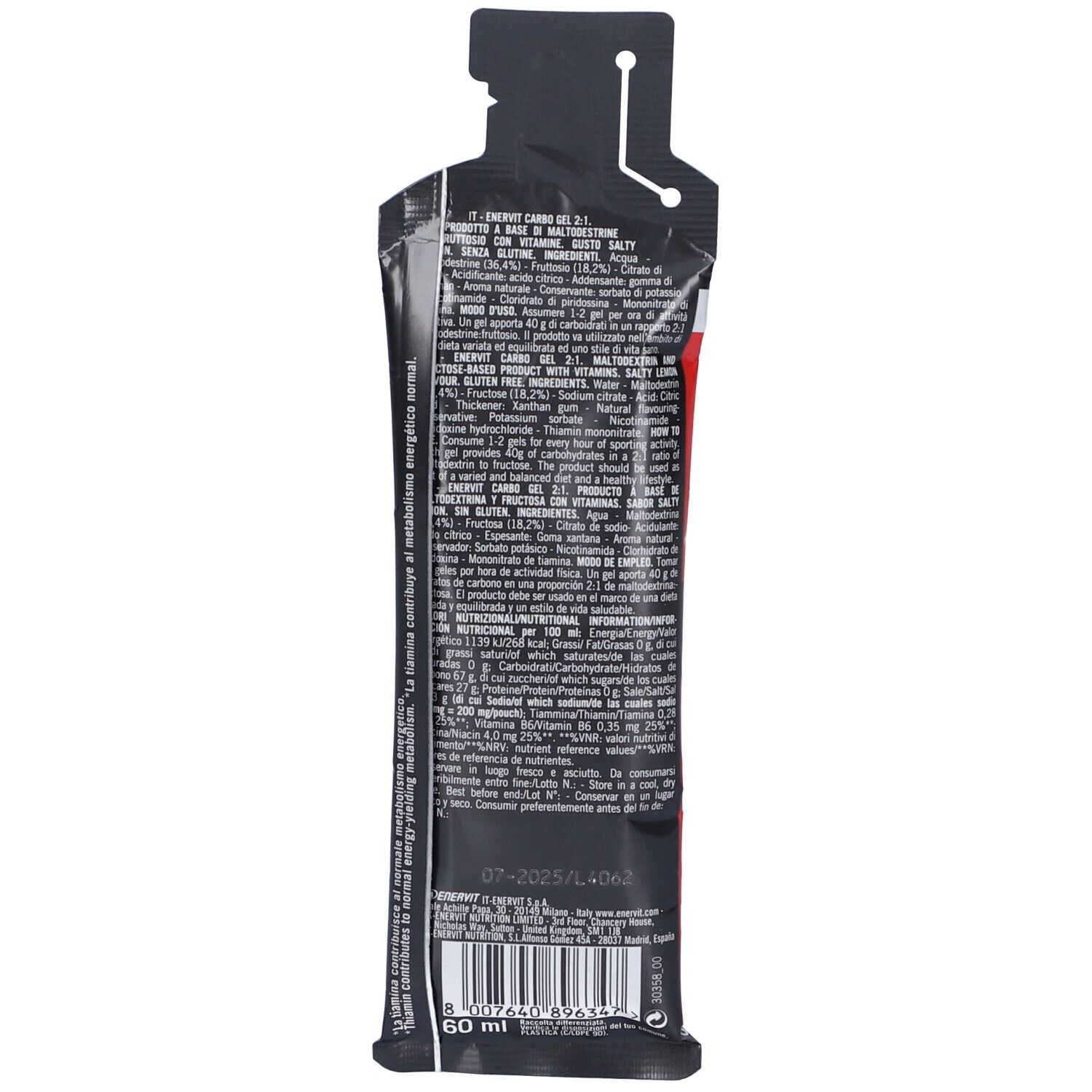 Dos d'un sachet de gel noir. Texte: liste des ingrédients, informations nutritionnelles, 60 ml.