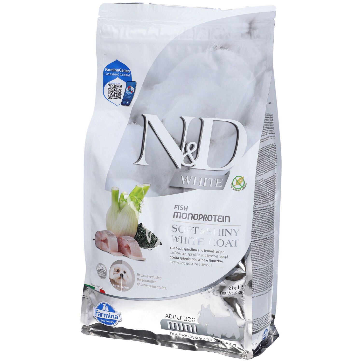 Confezione di cibo per cani. Scritta: N&D White, Fish, Monoprotein, Soft & Shiny White Coat. Immagine di pesce, finocchio e cane.