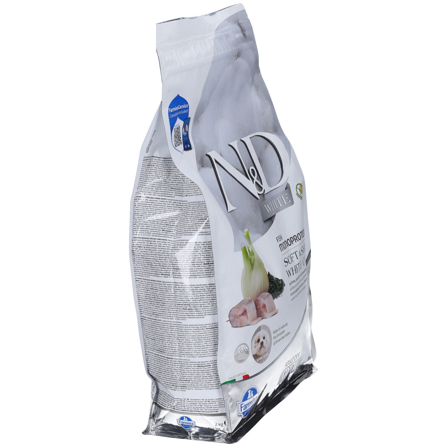Confezione di cibo per cani di profilo. Scritta: N&D White. Immagine di pesce, finocchio e cane. Confezione in plastica.