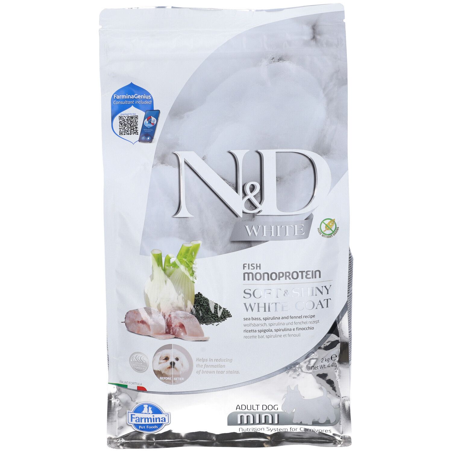 Confezione di cibo per cani. Scritta: N&D White, Fish, Monoprotein, Soft & Shiny White Coat. Immagine di pesce, finocchio e cane. Formato mini.