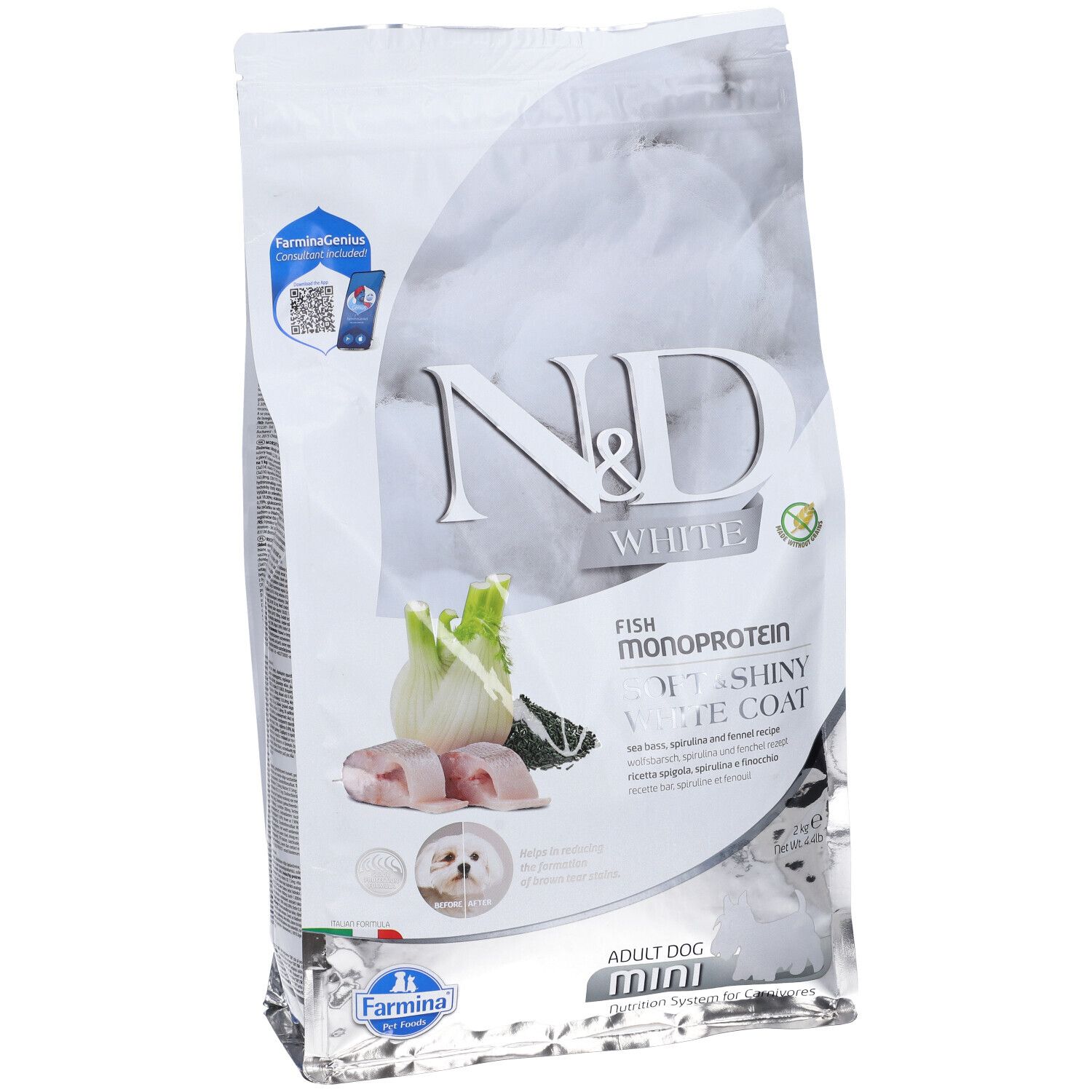 Confezione di cibo per cani. Scritta: N&D White, Fish, Monoprotein, Soft & Shiny White Coat. Immagine di pesce, finocchio e cane. Formato mini.
