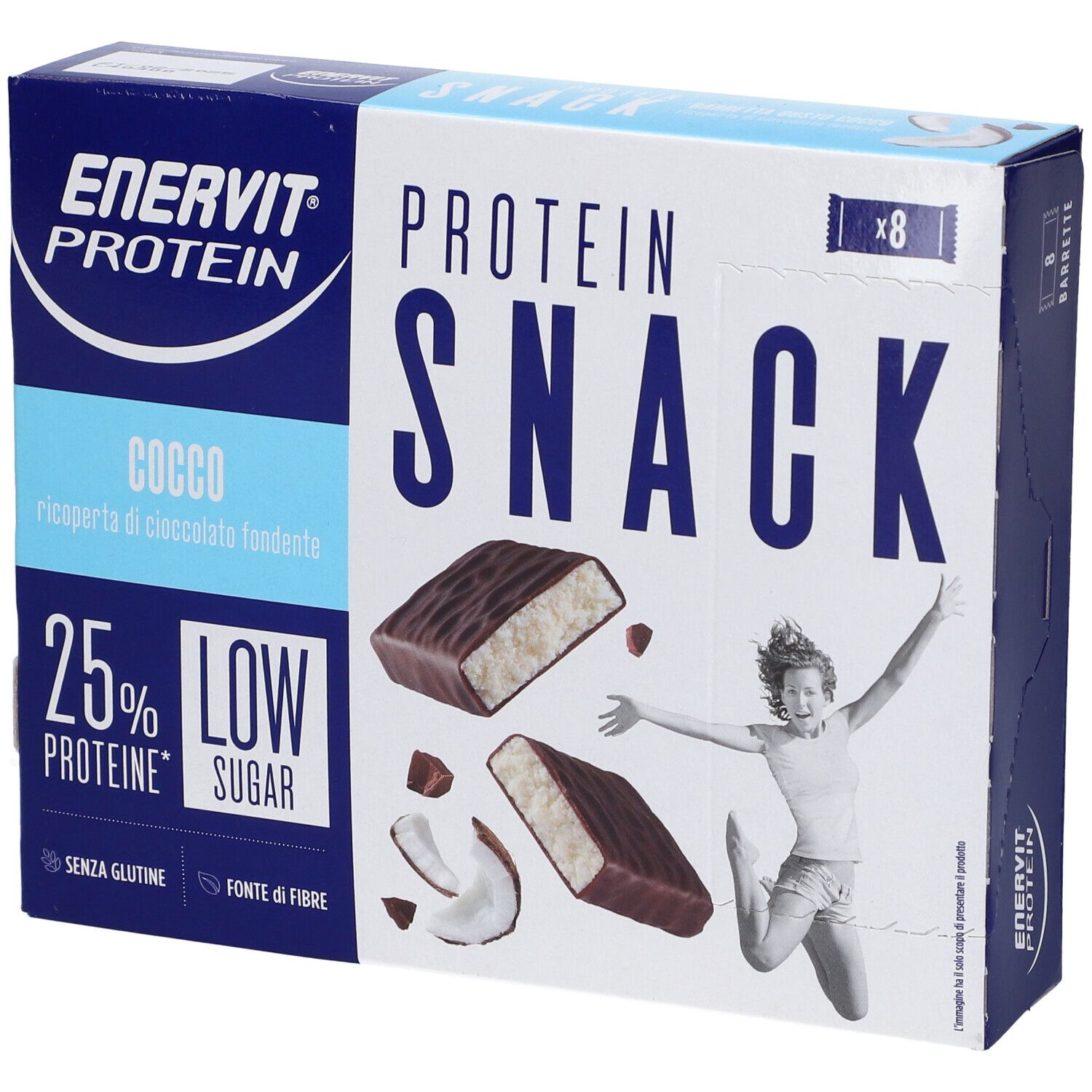 Confezione da 8 Protein Snack. Scritta: Protein Snack, Cocco, 25% proteine, Low Sugar. Immagine: donna che salta.