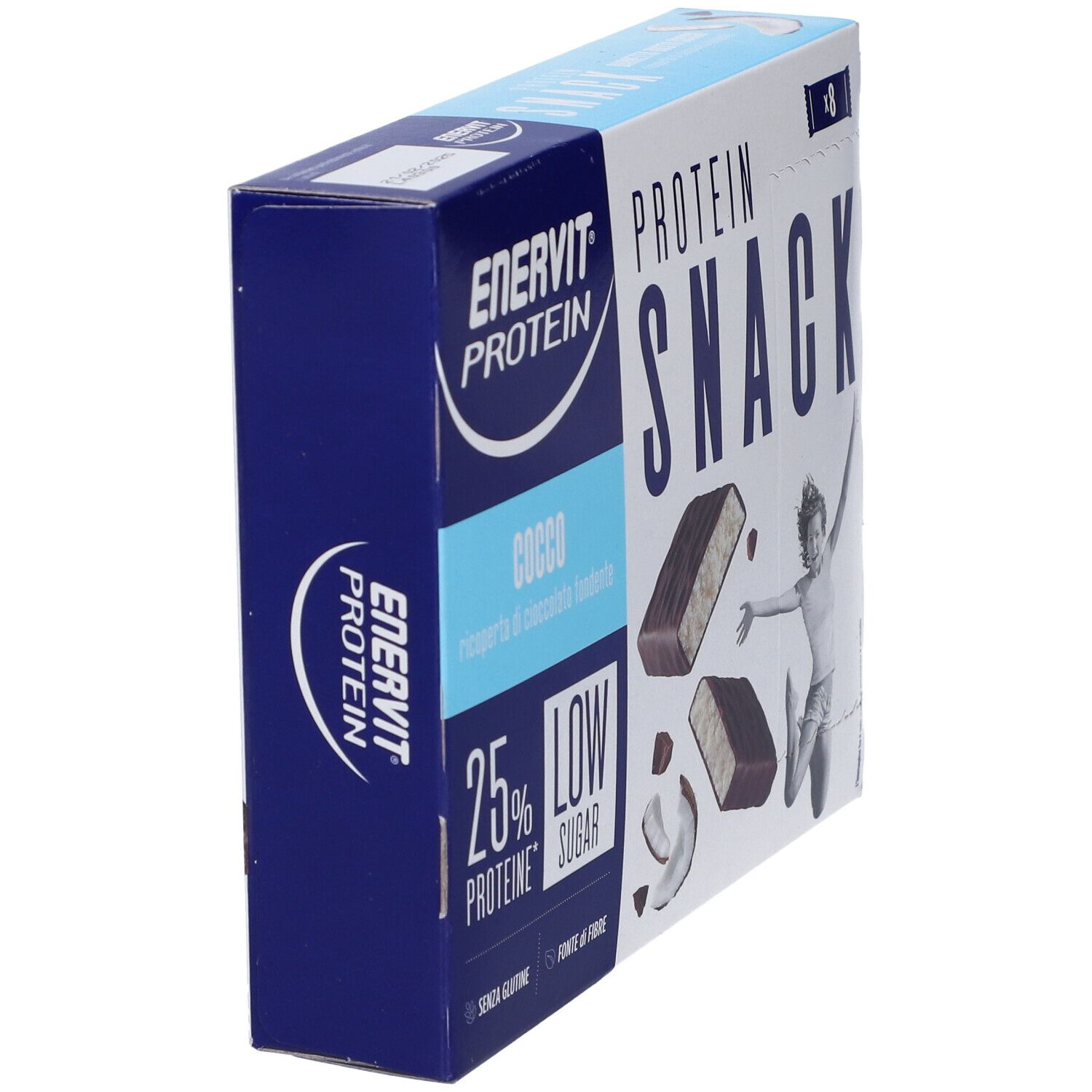 Confezione da 8 Protein Snack. Scritta: Protein Snack, Cocco, 25% proteine, Low Sugar. Vista laterale.