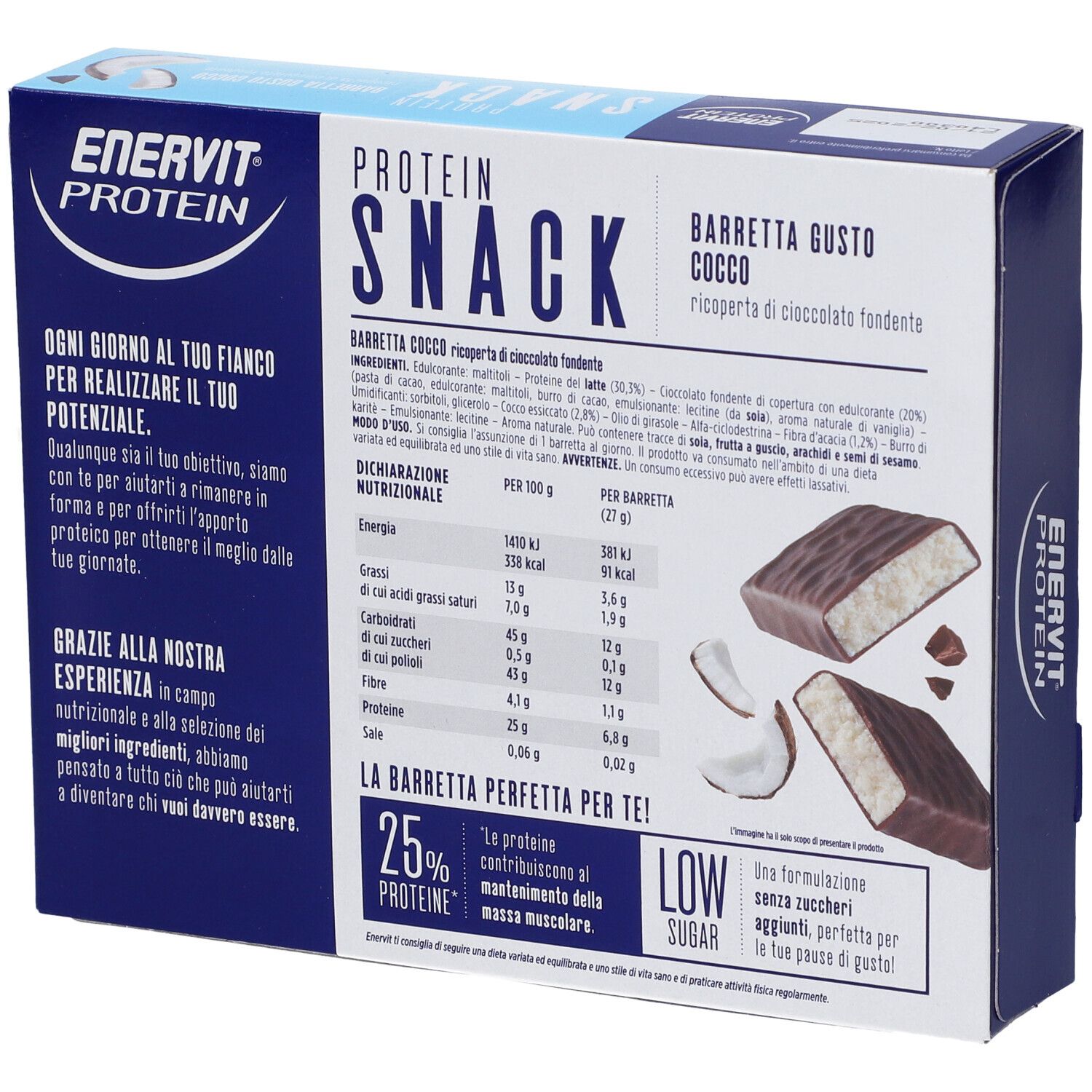 Confezione da 8 Protein Snack. Scritta: Protein Snack, Cocco, 25% proteine, Low Sugar. Retro con informazioni nutrizionali.