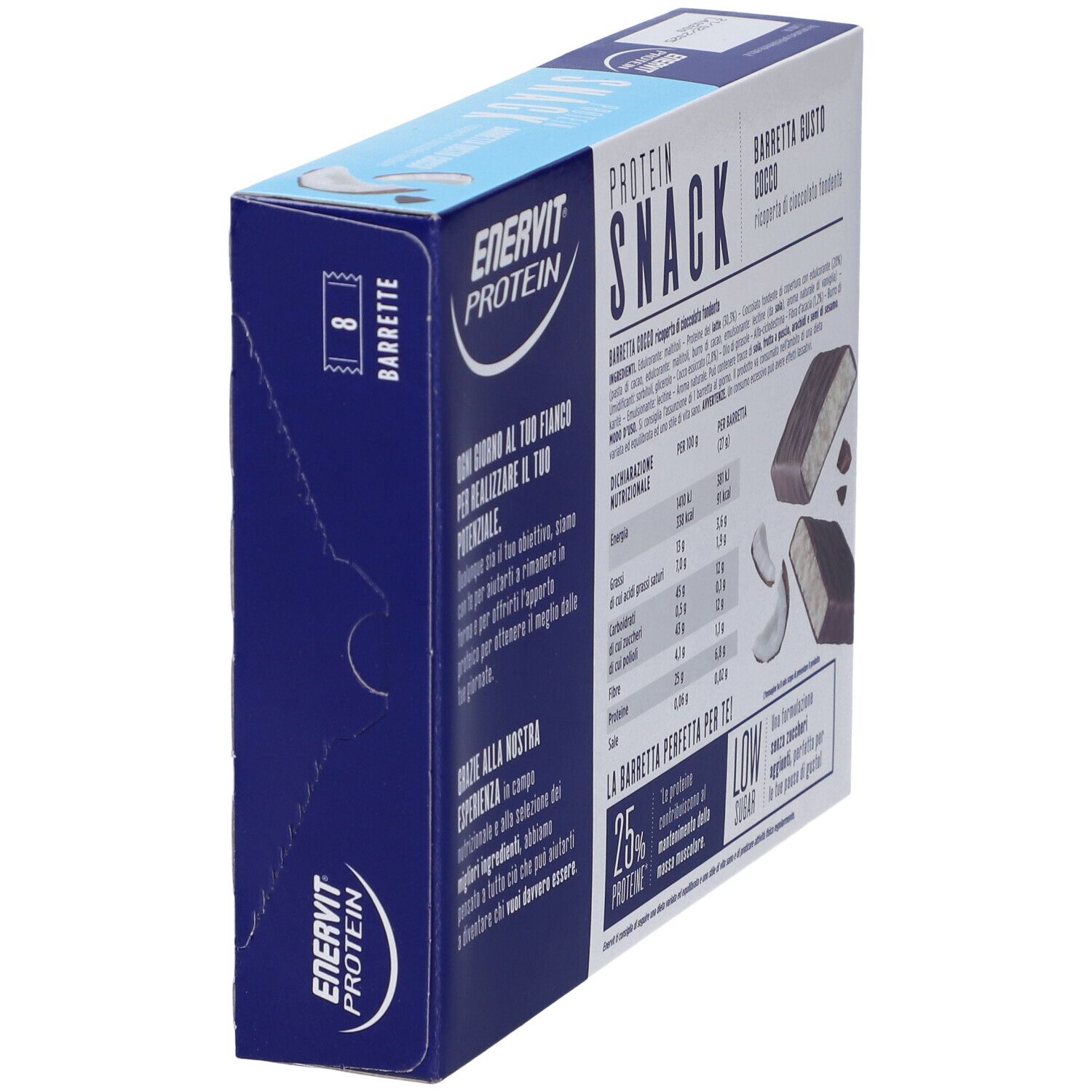 Confezione da 8 Protein Snack. Scritta: Protein Snack, Cocco, 25% proteine, Low Sugar. Vista laterale con informazioni nutrizionali.