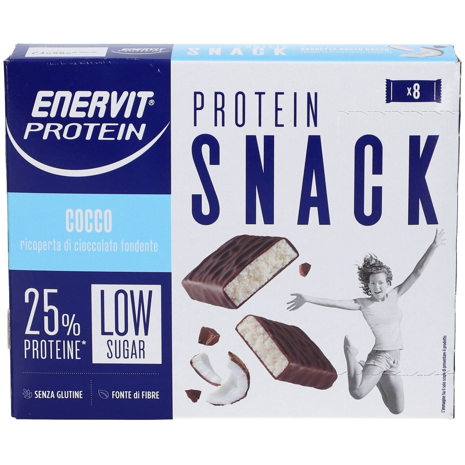 Confezione da 8 Protein Snack. Scritta: Protein Snack, Cocco, 25% proteine, Low Sugar. Immagine: donna che salta.