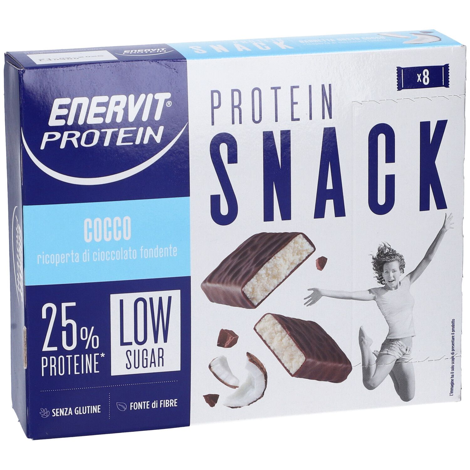 Confezione da 8 Protein Snack. Scritta: Protein Snack, Cocco, 25% proteine, Low Sugar. Immagine: donna che salta.